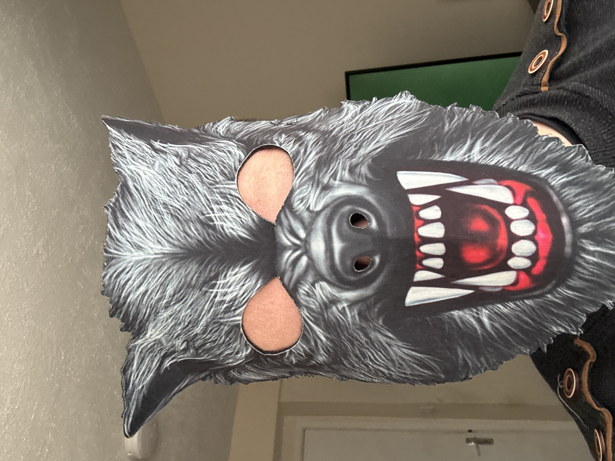 A person is holding a werewolf mask in front of their face. The mask is black and grey with white fur detailing and has eye holes cut out. The mask features a red tongue and white teeth. Part of the person's jacket sleeve is visible on the right side of the image, featuring buttons. The background is blurry, but a wall and a door are visible. The location in the city of Welshpool, United Kingdom, is not discernible from the image.