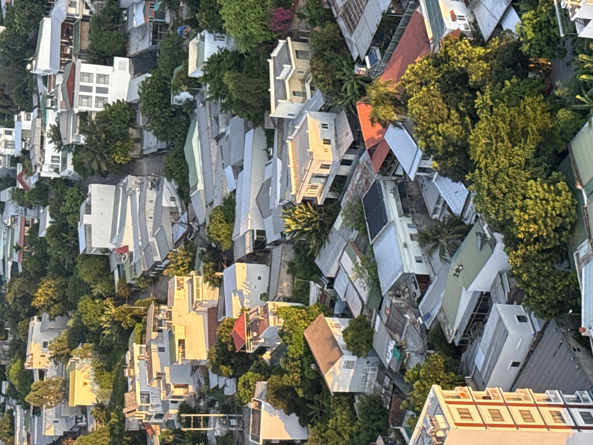 This is an aerial, high-angle, medium shot of a densely populated residential area in Nha Trang, Vietnam, bathed in the warm light of what appears to be either sunrise or sunset. The scene is characterized by a multitude of buildings with various roof styles and colors, interspersed with abundant lush green trees and vegetation. The architectural style is predominantly modern, with many houses and apartment buildings featuring multiple stories, flat or gently sloped roofs, and visible balconies. The rooftops are a mix of gray metal, white, and red tiles. The dense foliage creates a verdant canopy that partially obscures some of the structures. In the foreground, a tall, light-colored building with visible window frames and balconies is partially cropped on the left side of the frame, suggesting the photographer is positioned on a higher vantage point. The overall impression is one of a vibrant, developed urban environment with a significant presence of nature integrated within the built landscape. No people are discernible in the image.
