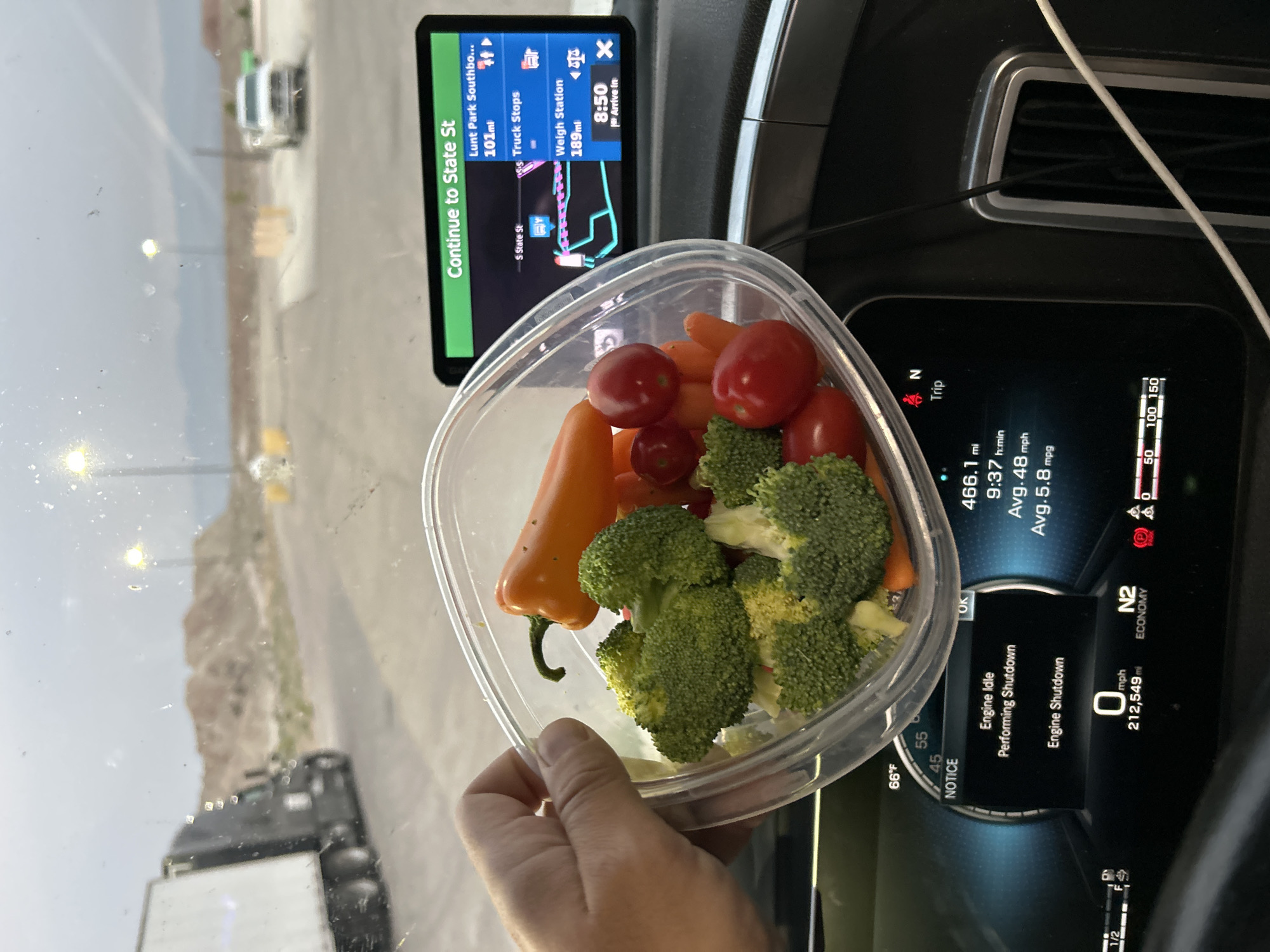 The image shows a close-up of a person's hand holding a clear plastic container filled with raw vegetables, including broccoli florets, baby carrots, and cherry tomatoes. The container is positioned in front of a car's dashboard, which displays navigation and vehicle information.
To the left of the vegetables, a tablet-like GPS device shows a map with a route, indicating "Continue to State St" and "Lunt Park Southbo..." with 101 miles remaining. It also shows "Truck Stops" and "Weigh Station" with 189 miles remaining, and a time of "8:50".
The dashboard screen on the right displays trip details: "466.1 mi", "9:37 h:min", "Avg. 48 mph", and "Avg. 5.8 mpg". Below this, a message reads "Engine Idle", "Performing Shutdown", and "Engine Shutdown", with the vehicle's speed showing "0 mph" and an odometer reading of "212,549 mi". The dashboard also indicates "N2 ECONOMY".
In the background, visible through the windshield, is an outdoor scene. A blurry white car is visible in the distance, along with some rocky terrain and vegetation. A large truck is also partially visible on the left. The lighting suggests it might be daytime, possibly late afternoon given the time on the GPS. The overall impression is that the person is in a vehicle, likely a truck, taking a break or preparing to resume driving, and is consuming a healthy snack. The "Salina, United States of America" location context provides a geographical clue.