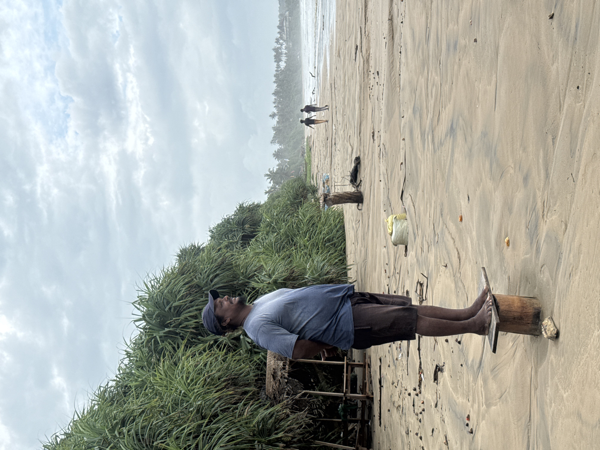 A man is standing on a beach in Peleana, Sri Lanka. He is wearing a blue shirt and dark shorts, and a blue cap. His feet are resting on a wooden post. Lush green vegetation grows behind him, and the beach stretches out in front of him. In the distance, two people walk along the shore. The sky is overcast.
