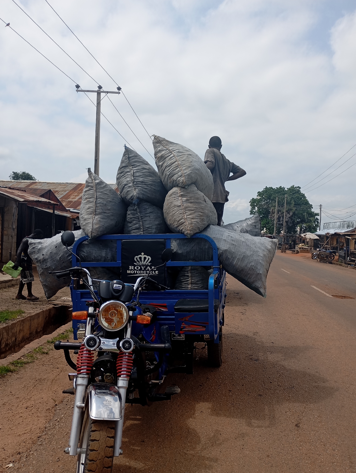In Shendam, Nigeria, a blue three-wheeled motorcycle transport vehicle is loaded with large, grey sacks, likely containing charcoal or agricultural produce. A young man stands on top of the sacks, his back to the camera, looking towards the right of the frame. Another person, partially visible on the left side of the image, carries a bright green object and walks away from the vehicle. The motorcycle is parked on a dirt and asphalt road. The background features a row of buildings with corrugated metal roofs, a utility pole with overhead wires, and a single tree. The sky is overcast with scattered clouds. The scene appears to be a marketplace or a residential area within the city.