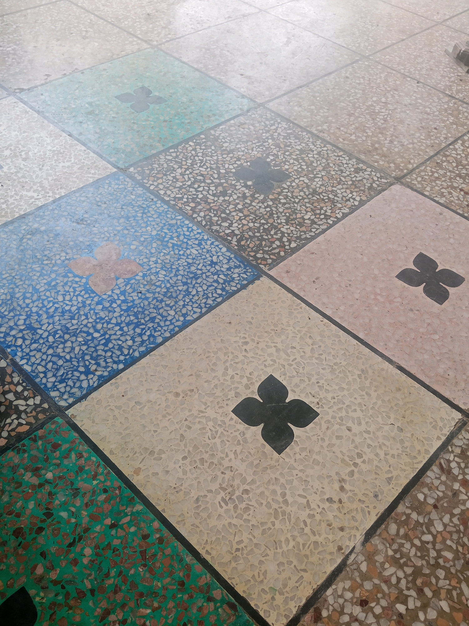 The image shows a section of a tiled floor. The tiles are square and laid in a diagonal pattern. Each tile is made of terrazzo with embedded chips of various colors. Several tiles feature a darker, four-petal floral motif in the center. The colors of the solid portions of the tiles vary, including light beige, light blue, light green, and pinkish-beige. The grout lines between the tiles are dark. The lighting suggests an outdoor or semi-outdoor setting with reflections on the surface of some tiles, indicating a damp or polished finish. The image is taken from a slightly elevated perspective looking downwards at an angle. There are no people or animals visible. This scene is located in Bhedian - Nai Basti, Pakistan.