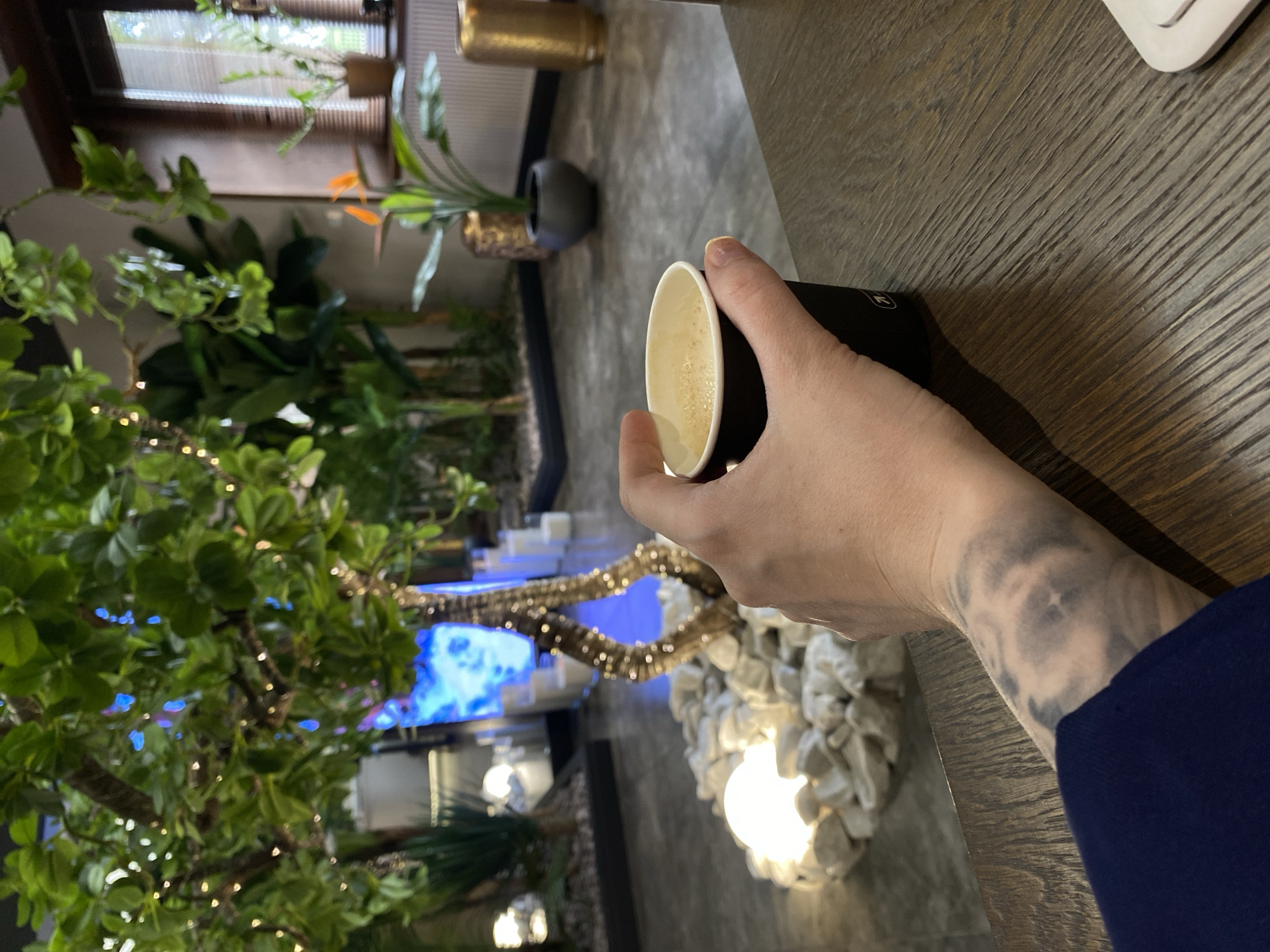 A person holds a black paper cup with coffee, indoors, near a decorated tree with lights. There is also other plant life in the background, and a wooden-like table surface on the right. The exact location in Votkinsk, Russia cannot be determined.
