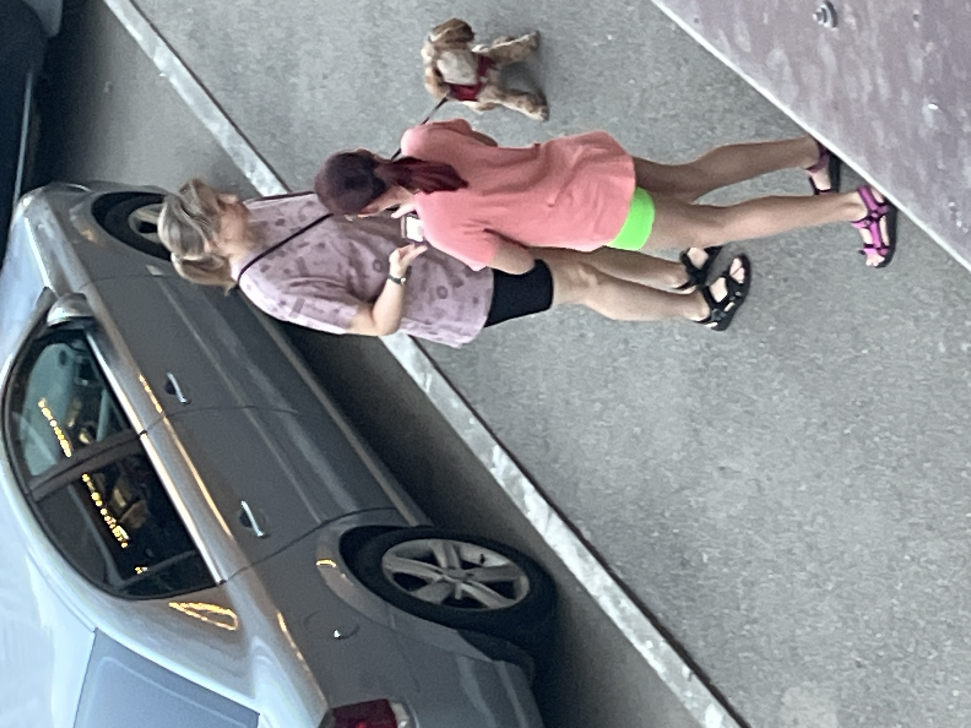 Two people are standing next to a car. One person is wearing a pink shirt and green shorts, and the other is wearing a purple shirt and black shorts. They are both wearing sandals. There is a stuffed animal on a leash on the ground. The scene appears to be outdoors, possibly in a parking lot or on a street. The time of day seems to be daytime, judging by the lighting.