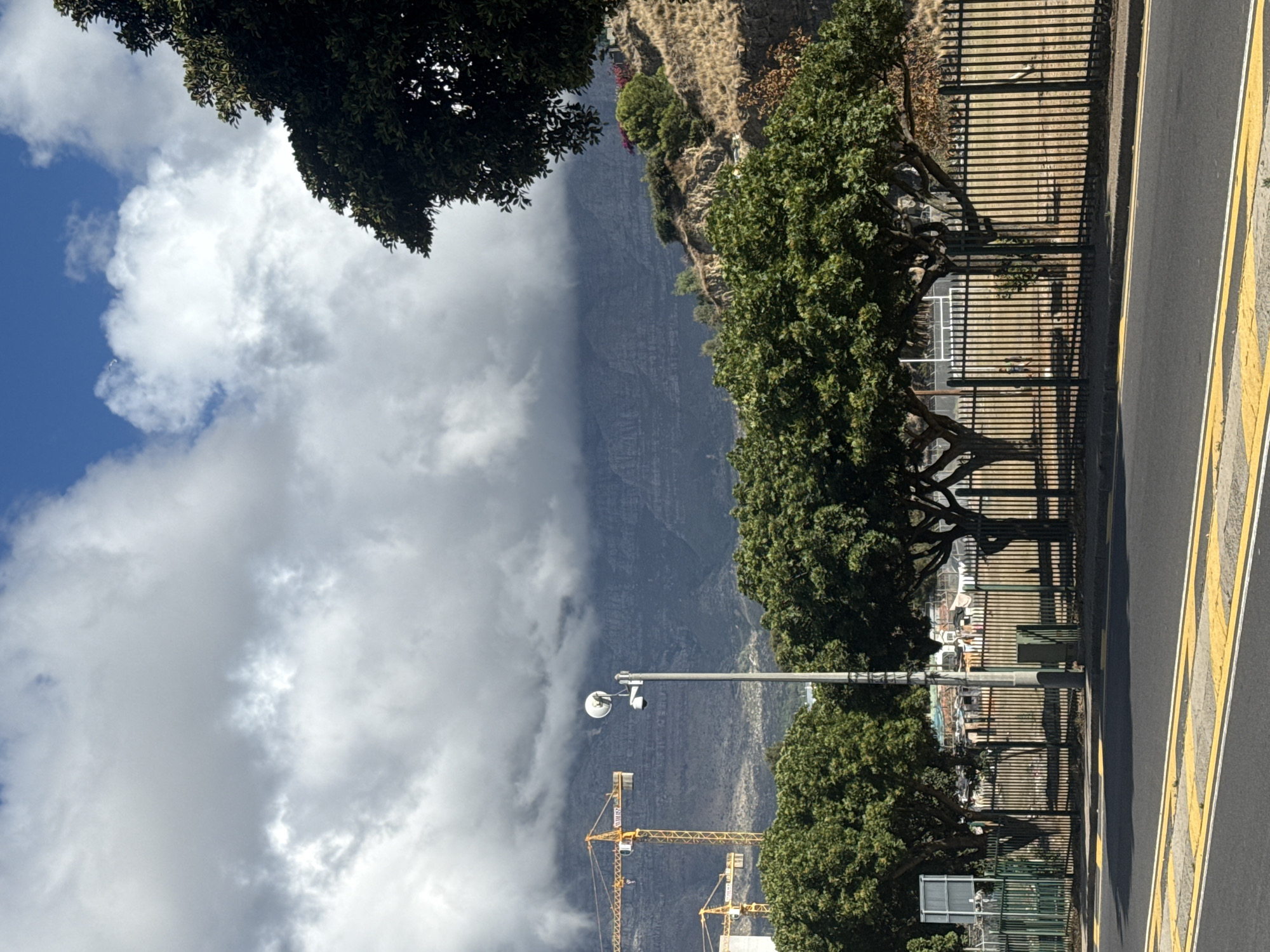 The image depicts a view in Cape Town, South Africa. Dominating the background is Table Mountain, partially obscured by clouds. In the foreground, a street runs parallel to a black metal fence. Trees line the street behind the fence. Yellow construction cranes are visible amidst the trees, suggesting ongoing construction. A surveillance camera is mounted on a pole. The sky is partly clear with white clouds.