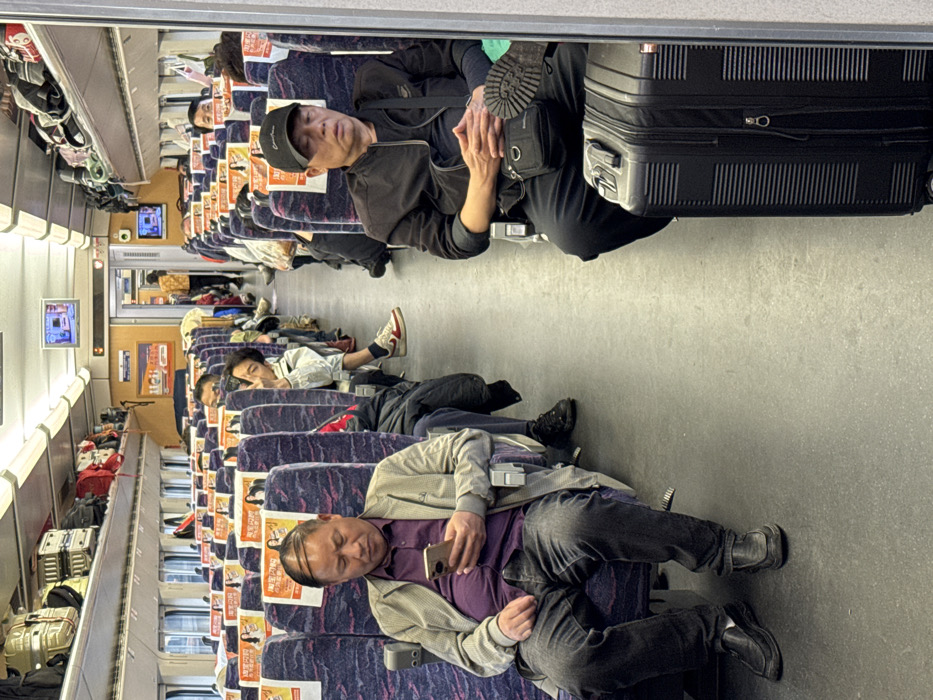The scene depicts the interior of a passenger train car, likely in or near Dong'an, China. The train features rows of purple and blue patterned seats with white headrest covers displaying advertisements. Overhead luggage racks are filled with various bags and suitcases.
In the foreground on the left, a male passenger, appearing middle-aged, is seated, engrossed in a smartphone held in both hands. He is wearing a light gray bomber jacket over a purple shirt and dark jeans, with black loafers. His hair is combed forward over a receding hairline.
In the foreground on the right, another male passenger, also appearing middle-aged, is seated with his eyes closed, indicating rest or sleep. He wears a black baseball cap, a black zippered jacket over a dark t-shirt, and dark trousers. A small black shoulder bag is visible across his torso. His hands are clasped together in his lap. A black, hard-shell rolling suitcase stands vertically in front of him, with his right foot resting on its top surface.
The central aisle is clear with gray flooring. Further down the aisle, other passengers are visible in their seats. A younger male passenger in a light-colored jacket is seen in the mid-ground, looking to his left, possibly using a device. Two small digital screens are mounted on the ceiling near the center of the carriage, displaying content. At the far end of the aisle, a person in a yellow garment is partially visible. The carriage is illuminated by overhead fluorescent lighting.