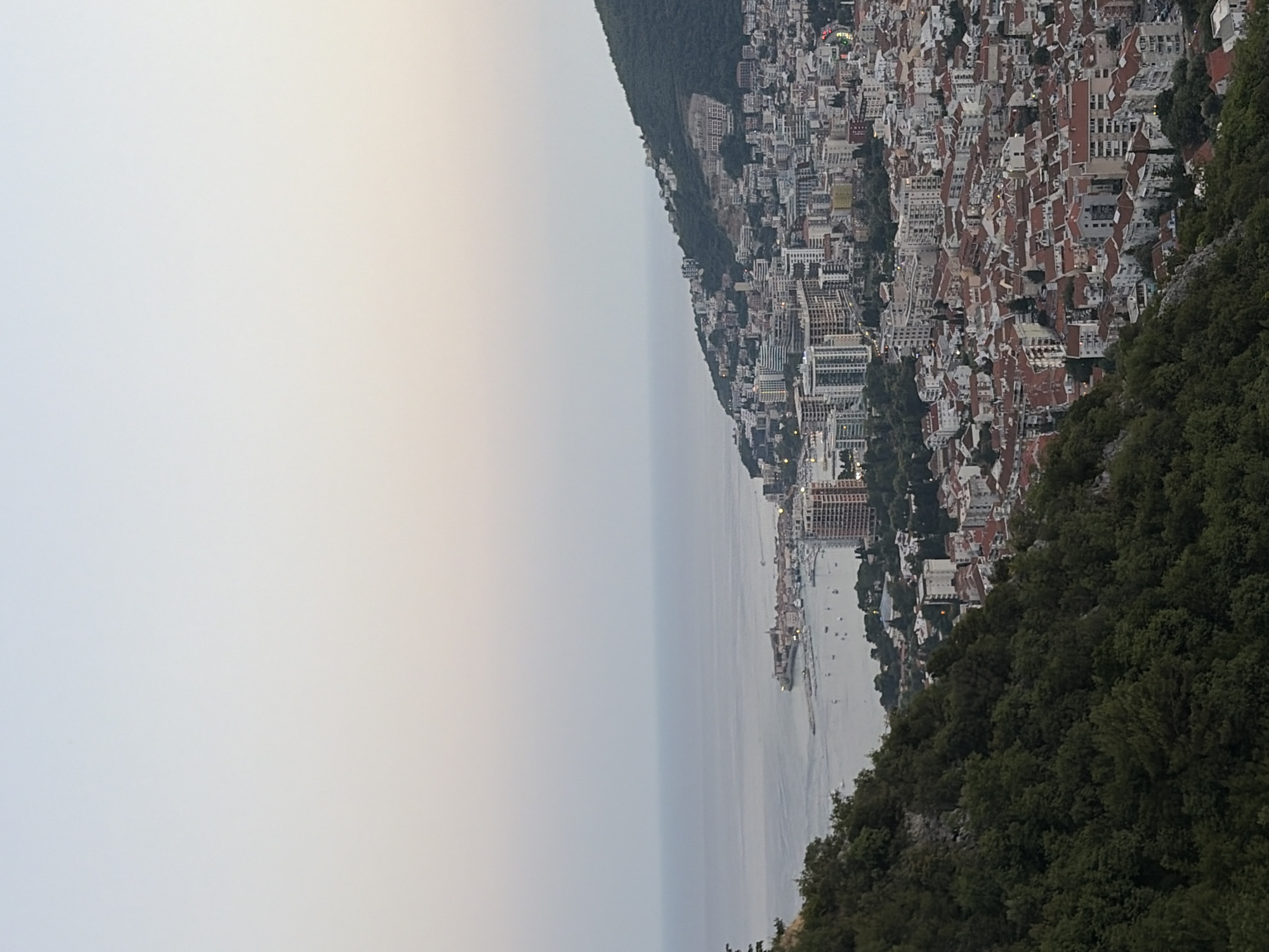 The image depicts an elevated view of the coastal city of Budva, Montenegro. In the foreground, a densely forested hillside slopes down towards the city. The midground reveals a sprawling urban landscape characterized by a mix of low-rise buildings with red-tiled roofs and taller, modern structures, many of which are hotels or apartment complexes. The city extends towards a bay, where a marina is visible with numerous boats docked. Beyond the bay, the historic old town of Budva, with its distinctive architecture and church spires, is discernible. The background is dominated by the calm, expansive Adriatic Sea meeting the pale, overcast sky. The overall impression is one of a bustling coastal city nestled against a natural backdrop.