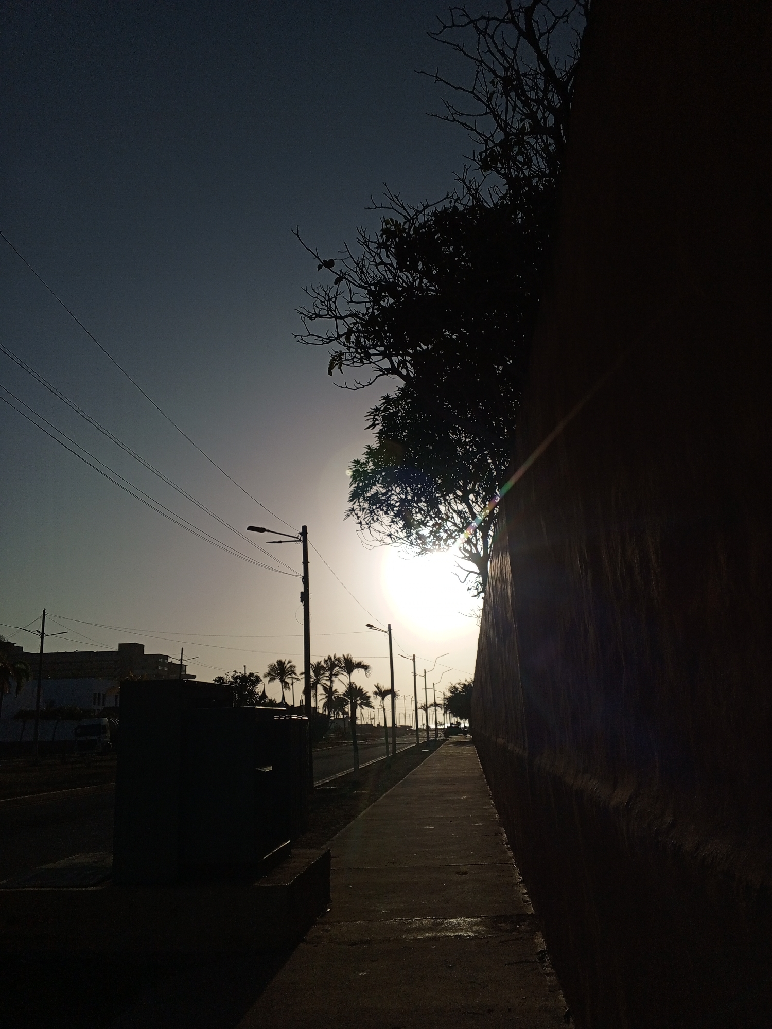 The image depicts a sidewalk in Porlamar, Venezuela, adjacent to a street lined with palm trees and streetlights. A large, dark wall dominates the right side of the frame, obscuring much of the view. A tree is silhouetted against the sun, which is low on the horizon, creating a lens flare effect. Power lines stretch across the upper left portion of the image. In the distance, buildings are visible. The sidewalk and street are mostly in shadow. A dark, box-like structure sits on the edge of the sidewalk. There are no people visible in the frame.
