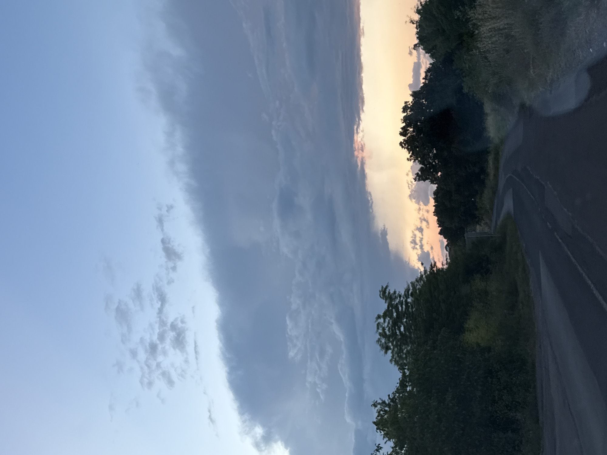 A rural road winds through vegetation under a cloudy sky at dusk. The sky transitions from a pale blue at the top to hues of orange and pink near the horizon, where the sun is setting. Dark clouds dominate the upper portion of the sky, with lighter, scattered clouds lower down. Dense green trees and bushes line the sides of the road, with dry grass visible on the right. The road itself is asphalt, appearing somewhat worn. There are no people or vehicles visible in the scene. The location is the city of Tvarditsa, Bulgaria.