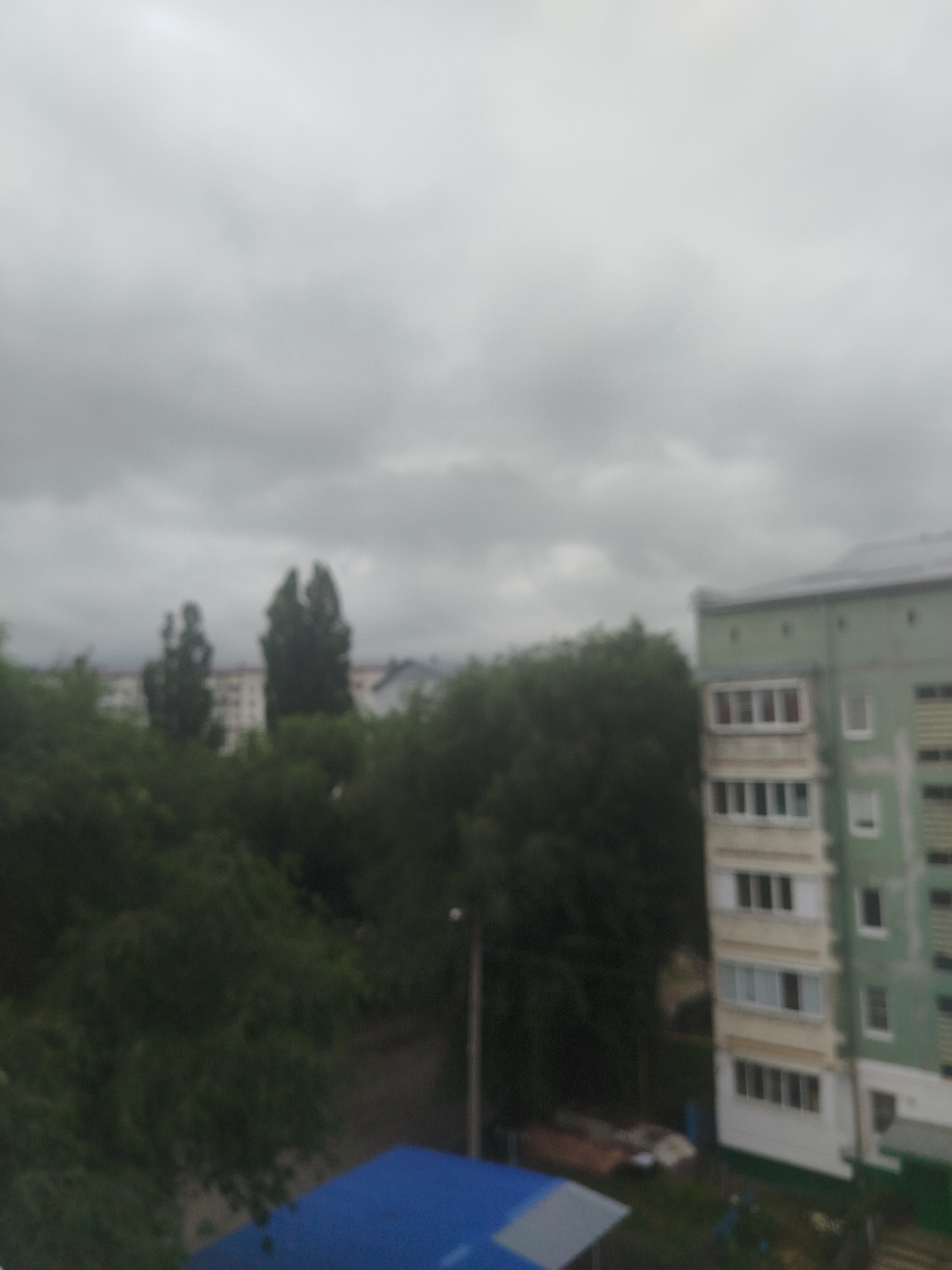 The image depicts an overcast day in Pravokubansky, Russia, with a view of residential buildings and trees. In the foreground, a portion of a blue structure, possibly a rooftop or awning, is visible. To the right, a multi-story apartment building with light-colored balconies and green siding stands prominently. Adjacent to the building, a dense cluster of dark green trees dominates the midground. Further back, two slender trees with distinct, dark foliage rise above a blurred backdrop of other buildings and more trees. The sky is completely covered by thick, grey clouds, creating a diffused and somber light. The overall scene is characteristic of a cloudy day in a typical urban or suburban residential area.