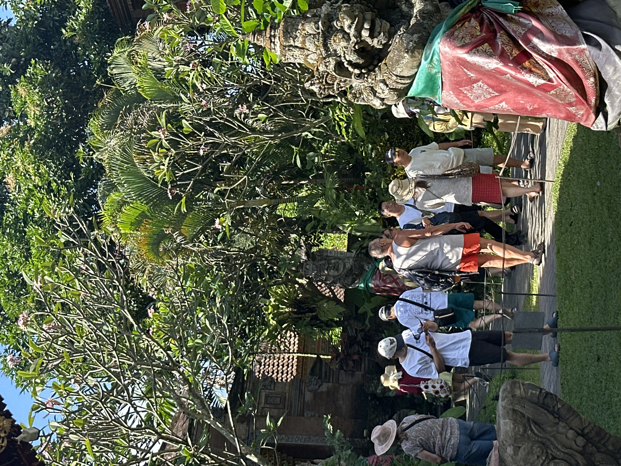 A group of tourists walk along a paved path in a lush garden area within a temple complex, possibly in Ubud, Indonesia. The path is lined with green grass and bordered by a low stone barrier. In the foreground to the right, a large stone sculpture of a deity or demon is visible, adorned with a draped red and gold patterned fabric and a green cloth. To the left, another stone sculpture, partially obscured, is also present.
The tourists, diverse in age and gender, are dressed casually in t-shirts, shorts, and hats, indicating warm weather. Some are looking at their phones, while others are engaged in conversation or observing their surroundings. The background is filled with dense tropical foliage, including palm trees and flowering plants, with glimpses of traditional Balinese architecture, characterized by red tile roofs and intricate stone carvings. The sunlight filters through the leaves, casting dappled shadows on the ground, suggesting it is daytime.