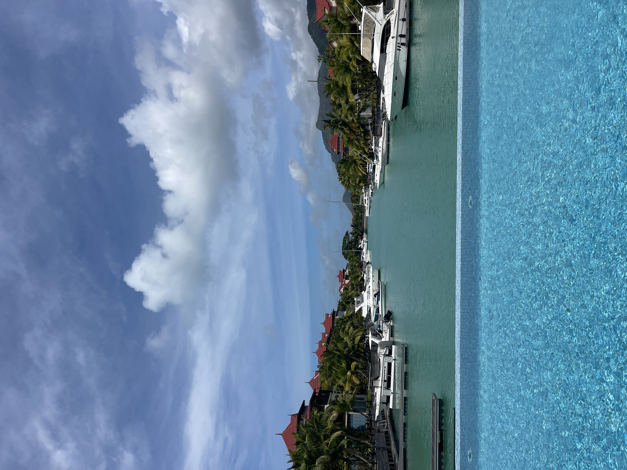 The image depicts a view of a canal lined with buildings and boats in Providence, Seychelles. In the foreground, the edge of a swimming pool with clear blue water is visible. Beyond the pool, the canal stretches into the distance, with numerous white yachts docked on both sides. The buildings along the canal have distinctive red-tiled roofs and are surrounded by lush green palm trees. The sky is a mix of blue with scattered white clouds. In the background, mountainous terrain can be seen. There are no people visible in the scene. The overall impression is one of a serene and luxurious waterfront environment.