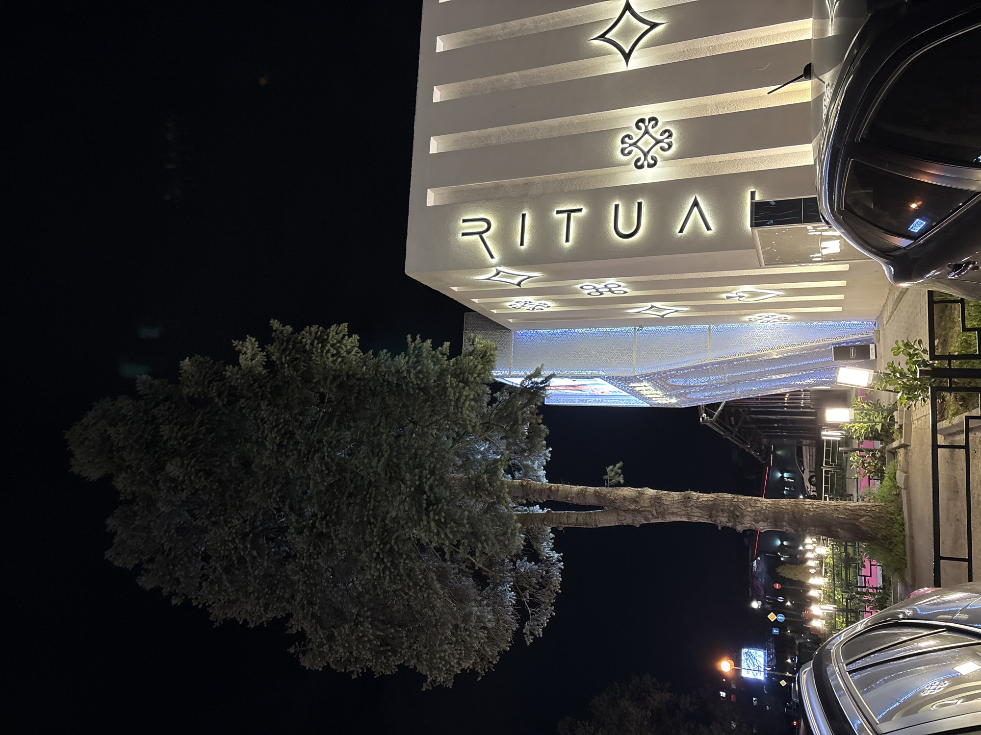 At night, the "Ritual" building in Sofia, Bulgaria is illuminated, with a tree positioned in front of it. A car is parked nearby. The scene captures an urban environment at nighttime.