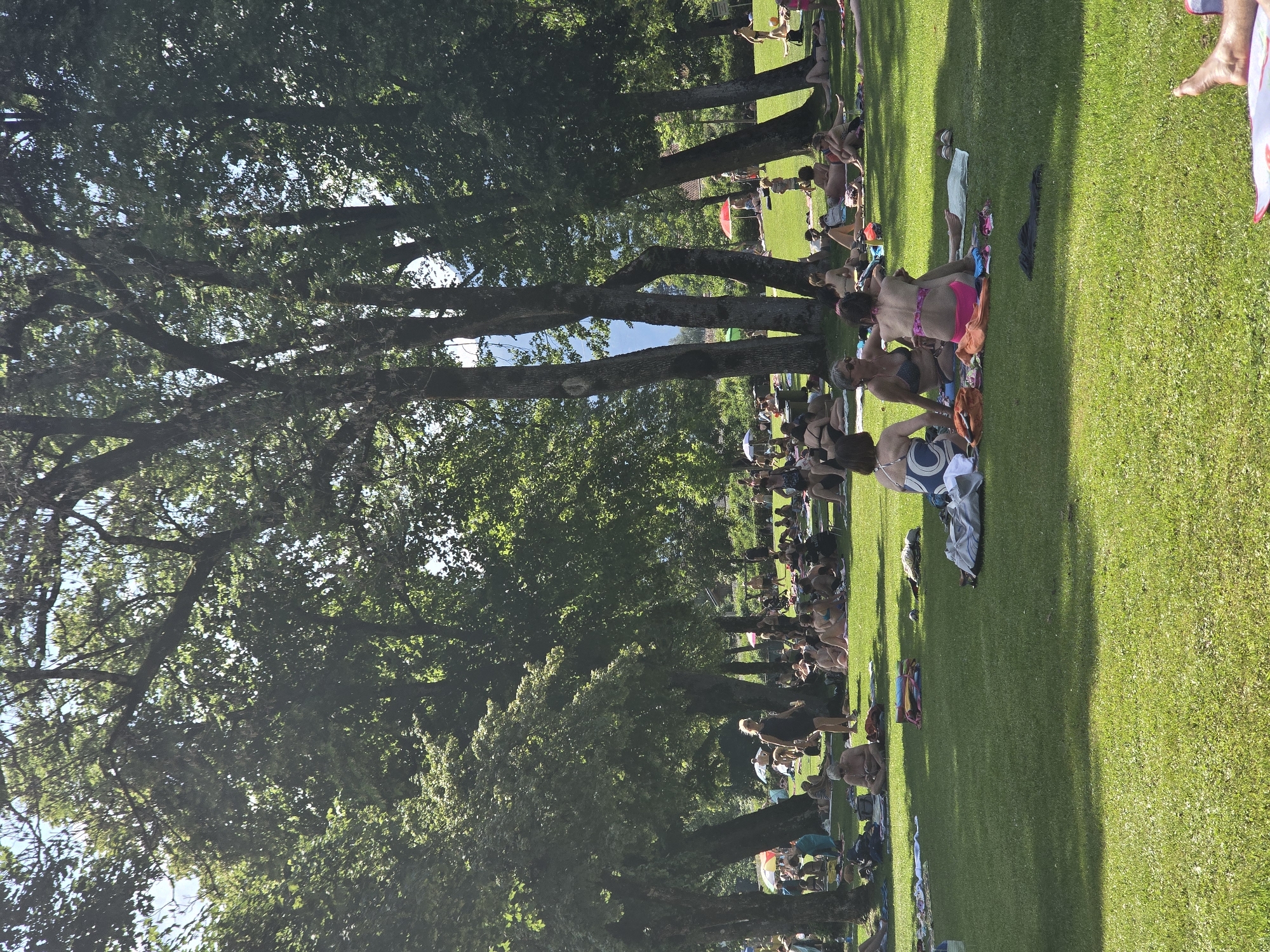 This image depicts a sunny day at an outdoor public park or recreation area, likely located in Garmisch-Partenkirchen, Germany, given the presence of lush greenery, mature trees casting shadows, and a serene atmosphere indicative of a Bavarian setting. A considerable number of people are scattered across a well-maintained grassy lawn, many of them sunbathing or relaxing on towels and blankets.
In the foreground, several individuals are seated or lying down, dressed in swimwear, suggesting a warm weather activity. The people are positioned in small groups or individually, with varying degrees of interaction, though most appear to be engaged in passive relaxation. Objects visible include towels, blankets, and some personal belongings.
The background is dominated by large, mature trees with dense foliage, providing dappled shade over parts of the lawn. Beyond the trees, hints of buildings and possibly distant hills or mountains can be discerned, further supporting the idea of an outdoor recreational area within or near a populated town. The overall impression is one of a leisurely summer day, with people enjoying the outdoors in a peaceful, natural setting.