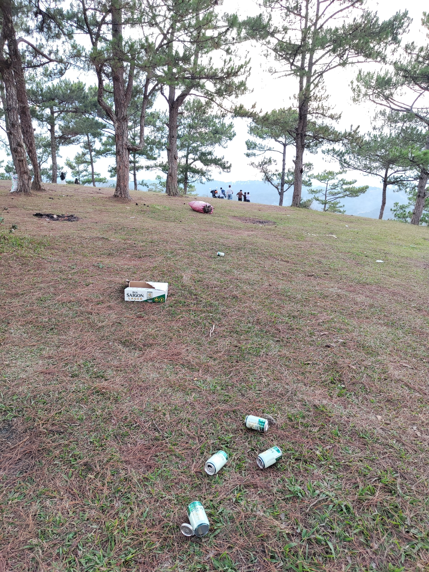 The image depicts a grassy hillside in Lạc Dương, Vietnam, littered with discarded items. Four empty green beer cans are scattered in the foreground. A discarded Saigon beer carton sits further up the slope. A burnt patch of ground, suggesting a past campfire, is visible. A large, pink bundle lies nearby. In the distance, a small group of people are standing near some trees on the crest of the hill. Further behind, a faint mountain range is visible in the background. Pine trees are scattered across the hillside.