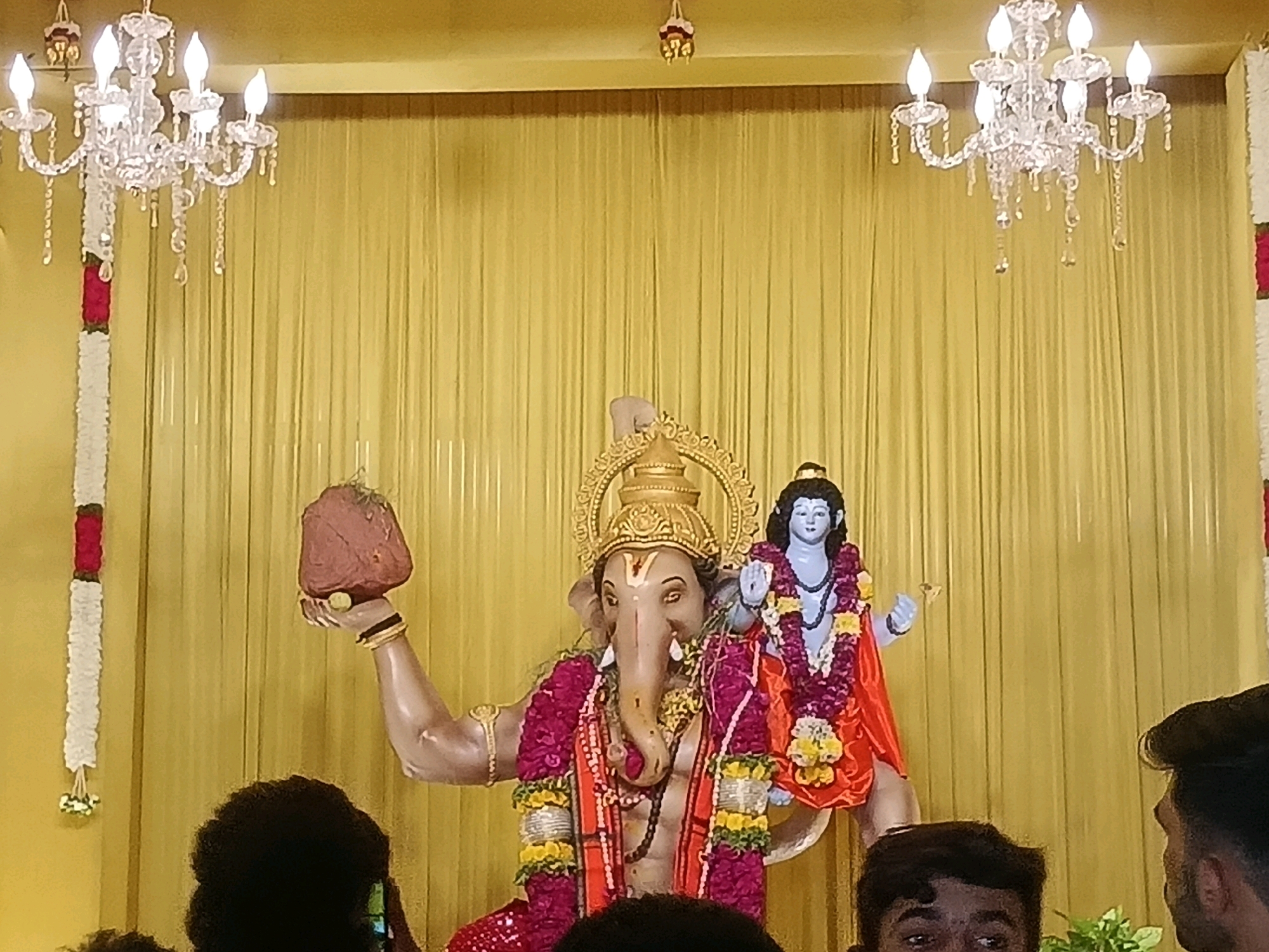 This image depicts a religious festival scene in Ballari, India. The central focus is a large statue of Lord Ganesha, distinguished by his elephant head and human body. He is adorned with garlands of flowers and ornate jewelry, and he holds a round, brown object in his right hand. Perched on Ganesha's left shoulder is a smaller statue of a blue-skinned deity, possibly Lord Krishna, also decorated with garlands and an orange garment. Both statues are placed against a backdrop of draped yellow fabric, likely for ceremonial purposes.
Above the statues, two elaborate crystal chandeliers hang from the ceiling, casting a bright light. The scene is further decorated with tall, vertical garlands composed of white flowers and red accents, flanking the central display. In the foreground, the heads and upper torsos of several individuals are visible, suggesting a crowd of onlookers or participants. One person in the lower right is looking to the side, and another in the lower left appears to be holding a mobile phone, possibly taking pictures. The overall atmosphere suggests a cultural or religious celebration in progress within an indoor setting in Ballari.
