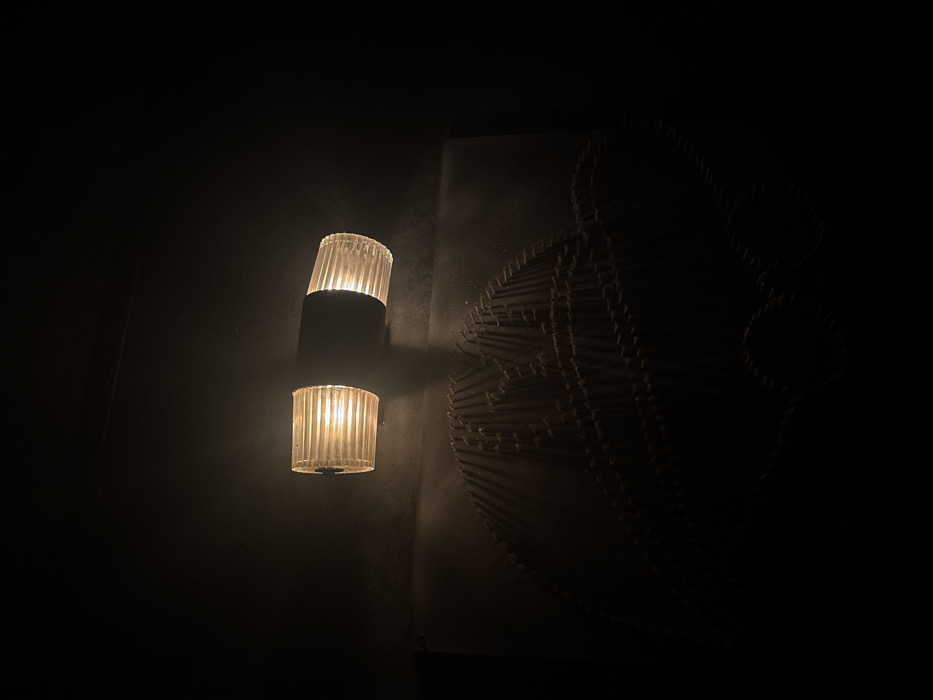 The image depicts an indoor wall installation, set in Tel-Aviv, Israel. A horizontal, dual-bulb light fixture is mounted on a dark, textured wall in the upper-center portion of the frame. This fixture comprises a dark central body and two identical, cylindrical, ribbed translucent diffusers, each containing an illuminated light source emitting a warm, yellowish glow. Directly beneath the light fixture, a piece of string art is affixed to the wall. This artwork is composed of numerous light-colored strings stretched between points, forming an intricate, abstract, or symbolic pattern. The illumination from the overhead fixture casts subtle, elongated shadows from the strings onto the wall, emphasizing the artwork's depth. The surrounding environment is characterized by profound darkness, with the light fixture providing the primary visible illumination. No individuals or additional objects are present in the scene. The precise location within Tel-Aviv is not discernible from the visual evidence.