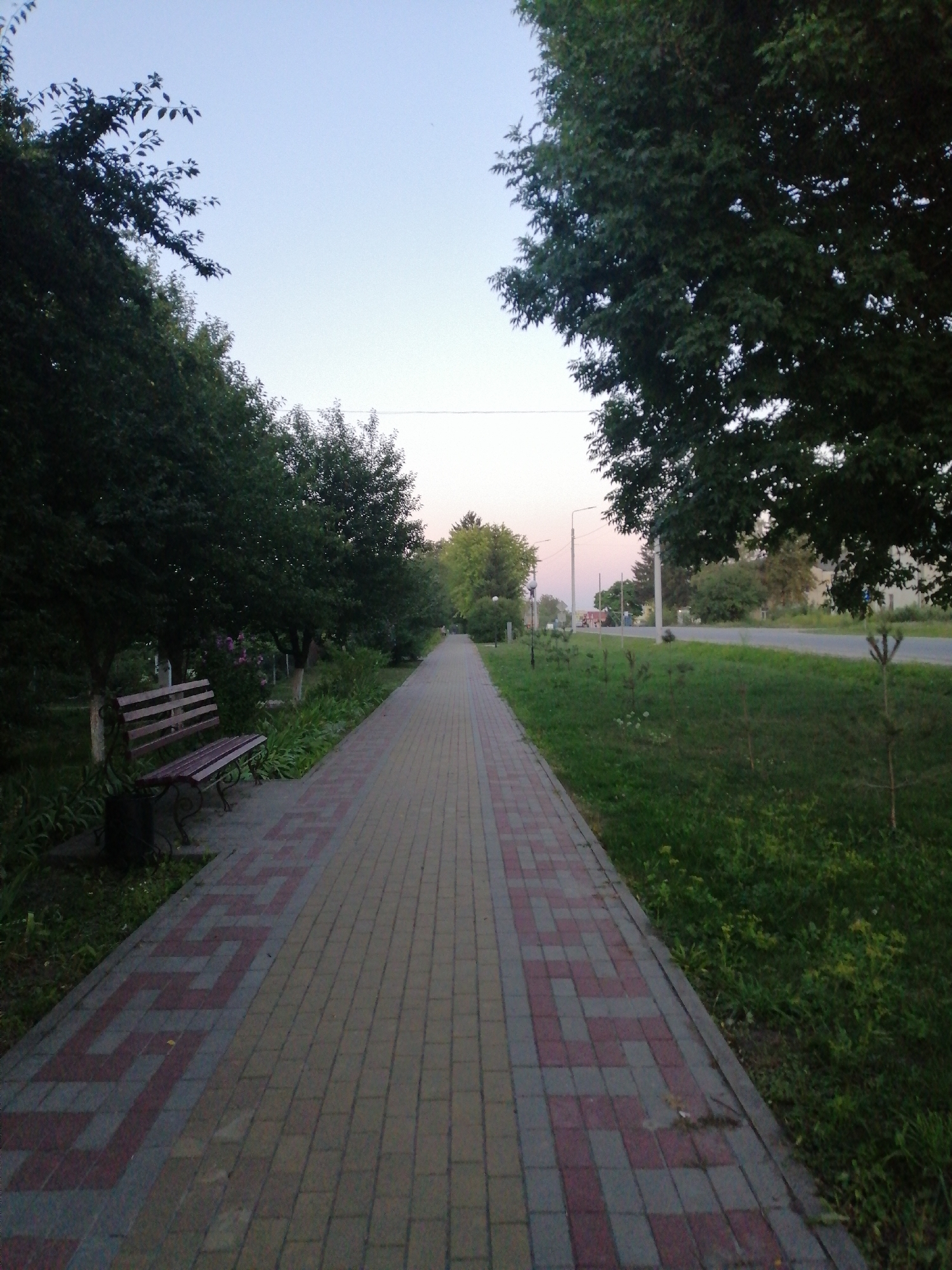 The image depicts a paved pathway lined with trees and grass, extending into the distance. A wooden bench is visible on the left side of the pathway, situated near a trash receptacle. The pathway itself is constructed of interlocking pavers in a geometric pattern of tan and red. The surrounding environment features lush green grass and mature trees, with a road visible in the background. The sky is a pale blue, suggesting early morning or late evening. The location is identified as Lanivtsi, Ukraine.