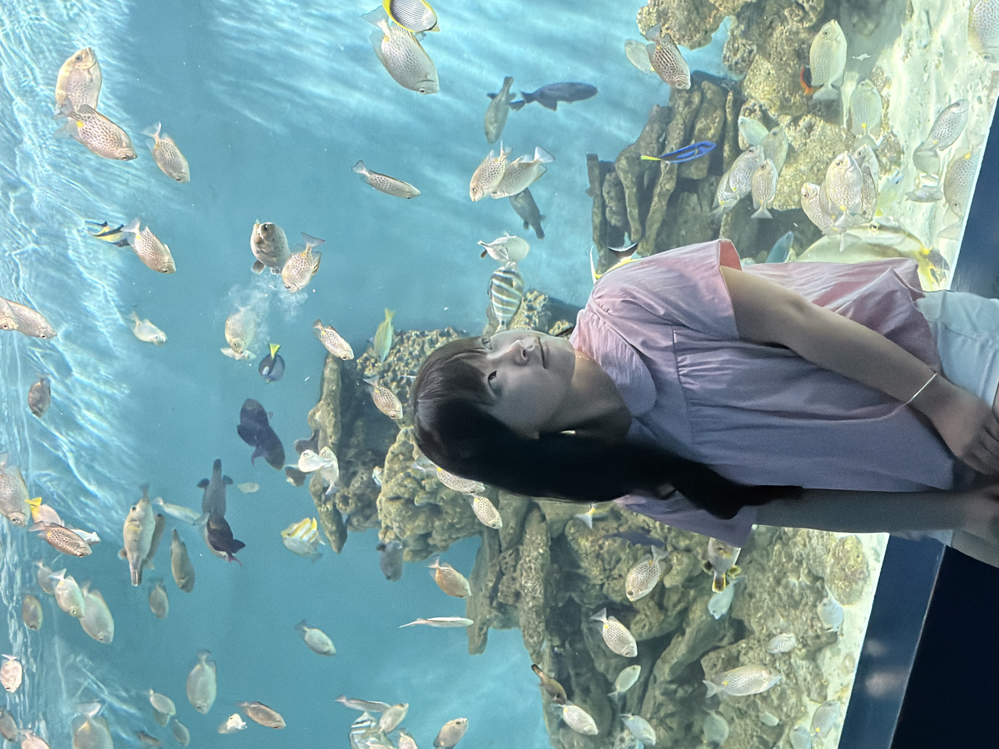 A young Asian woman with dark hair, wearing a pink collared shirt and white shorts, stands inside an aquarium. She is looking to her right, out of frame. She is adorned with a thin silver bracelet on her left wrist. The aquarium is filled with a variety of fish, including angelfish, butterflyfish, and pufferfish, swimming amongst coral formations and rocky structures. The water is a clear turquoise, and sunlight filters through it, creating dappled patterns on the surface. The scene appears to be captured at the Vinpearl Aquarium in Nha Trang, Vietnam, a popular tourist destination known for its diverse marine life and immersive exhibits.