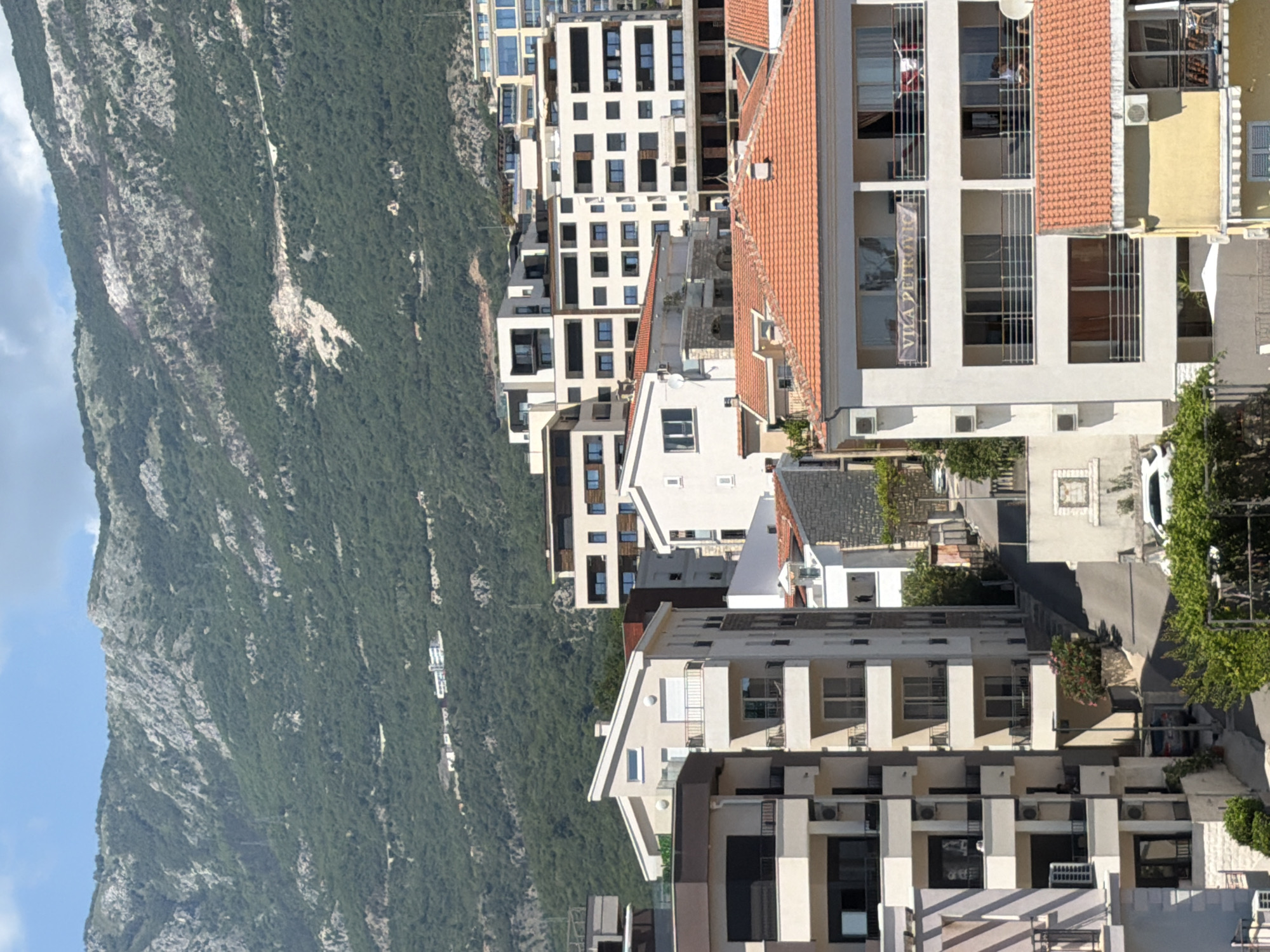 The image shows an aerial view of Boreti, Montenegro. In the background is a large, green, rocky mountain. The foreground features dense building architecture. The buildings are mostly white with some having orange-tiled roofs. There is a narrow road winding through the buildings. The banner “VILA PETROVICA” can be seen on one of the buildings.