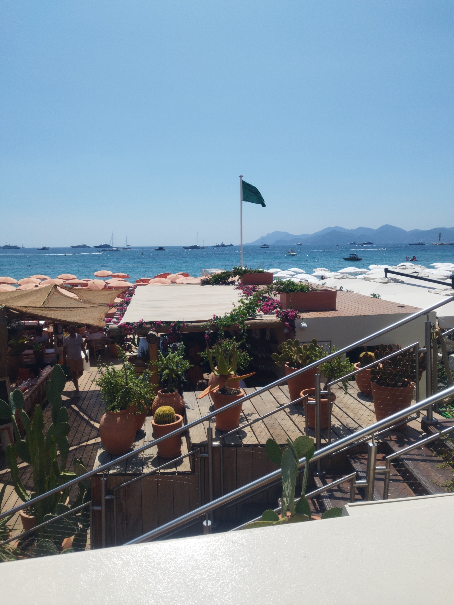 The image depicts a vibrant beach scene in Cannes, France. In the foreground, a wooden deck is adorned with various potted plants, including several large cacti. A metal railing with a mesh infill lines the edge of the deck. Beyond the deck, a beach area is visible with numerous peach-colored umbrellas and white sunbeds, suggesting a resort or beach club. The turquoise waters of the Mediterranean Sea stretch out to the horizon, dotted with numerous yachts and boats. In the background, a line of hills frames the scene under a clear blue sky. A green flag flies from a flagpole, a common sight on French beaches indicating favorable swimming conditions. The overall atmosphere is one of a lively, upscale seaside destination, likely a popular spot for tourists and locals during the summer.