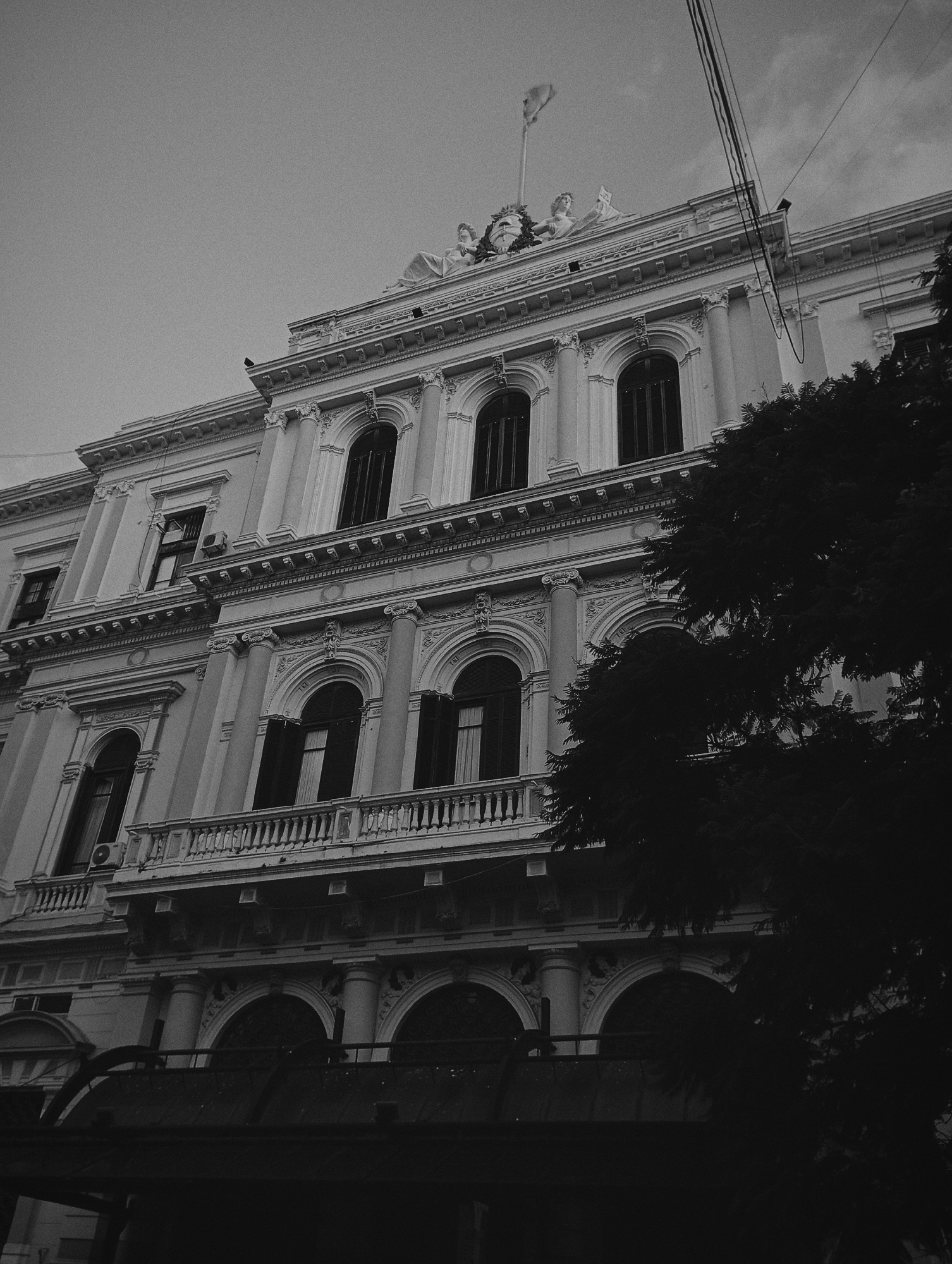The image shows a low-angle view of a neoclassical building in Buenos Aires, Argentina. The building has several stories with arched windows and decorative balconies. There are statues and a flagpole on the roof. A tree partially obscures the right side of the building. Overhead wires are visible against the sky. The image is in black and white.