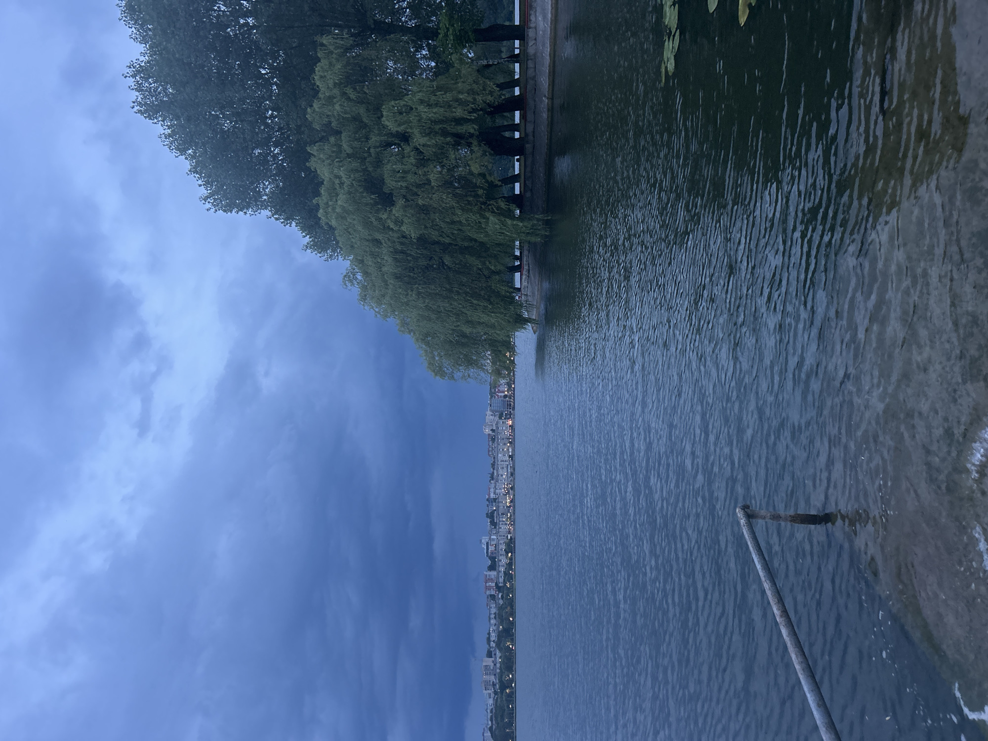 The image shows a panoramic view of Ternopil Lake in Ternopil, Ukraine, during twilight. The sky is overcast with dark, heavy clouds. On the right side of the image, a line of trees, including several weeping willows, overhangs the water. The city skyline of Ternopil is visible in the distance across the lake, with numerous buildings and streetlights. The water is calm, with ripples reflecting the dim light. In the foreground, a concrete embankment with a metal railing partially submerged in the water is visible. The overall atmosphere is serene and somewhat melancholic due to the approaching darkness and stormy weather.