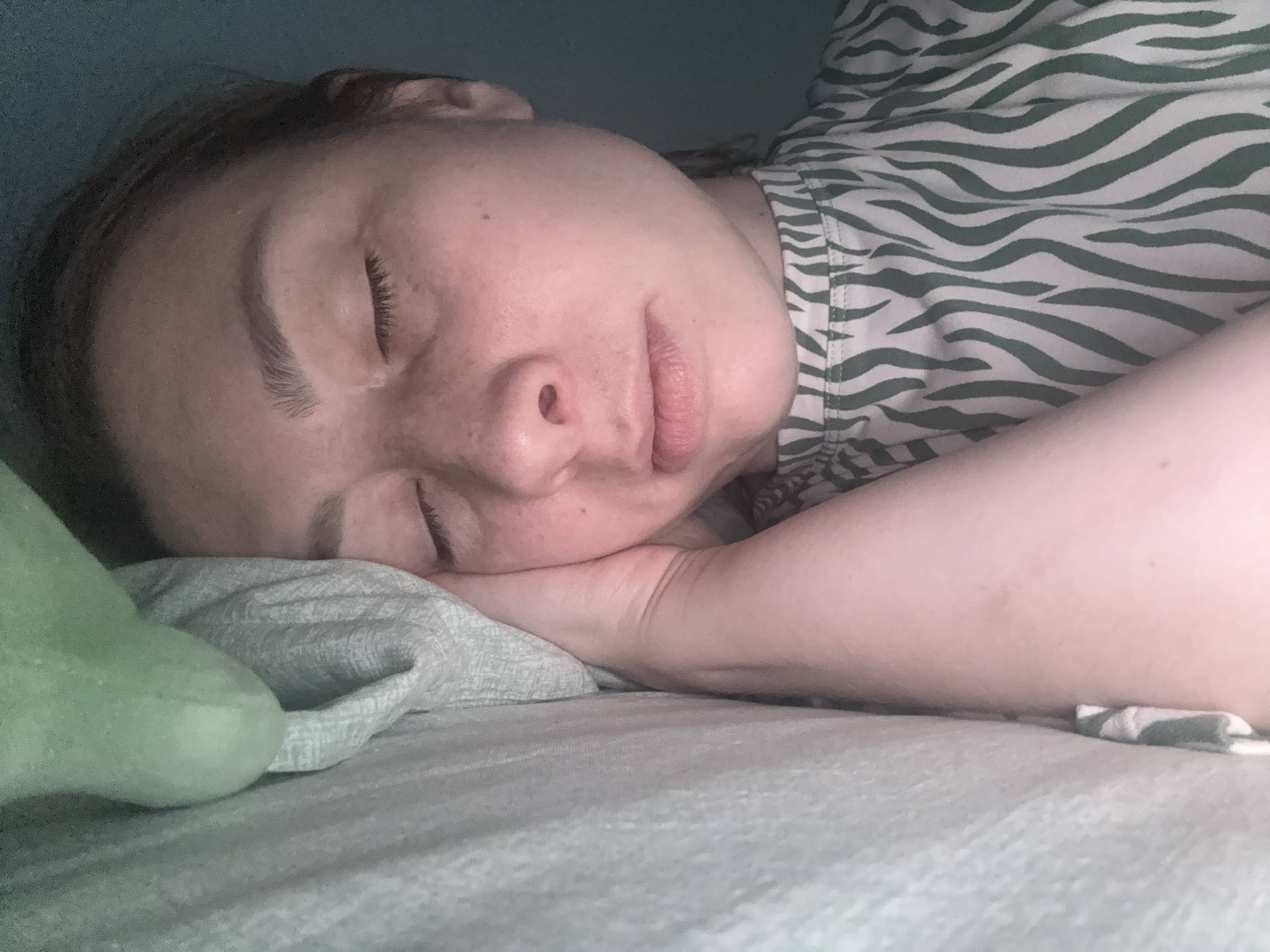 The image portrays a person, appearing to be an adult woman, sleeping or resting peacefully in an indoor setting, likely a bedroom. She is captured lying on her left side, with her face turned slightly towards the viewer. Her eyes are closed, and her expression conveys serenity and relaxation, suggesting she is in a state of deep sleep. Her head is gently supported by her left hand, which is nestled under her chin and cheek. Her right arm is visible, resting draped on the bed next to her.
The subject has fair skin, with visible freckles across her face. Her hair, dark brown in color, is styled away from her face. She is dressed in a distinctive green and white top featuring a zebra-stripe pattern.
The lighting in the room is dim and soft, implying it could be nighttime, early morning, or a deliberately darkened room. She is resting on bed linen that appears to be light green or grey. A soft, light green object, possibly a stuffed toy or a part of a pillow, is visible near her head on the left side of the frame. The overall ambiance of the scene is calm and quiet.
While the location context of Moscow, Russia was provided, no specific visual cues within the image itself serve to confirm this detail. There is no visible text present in the media file.