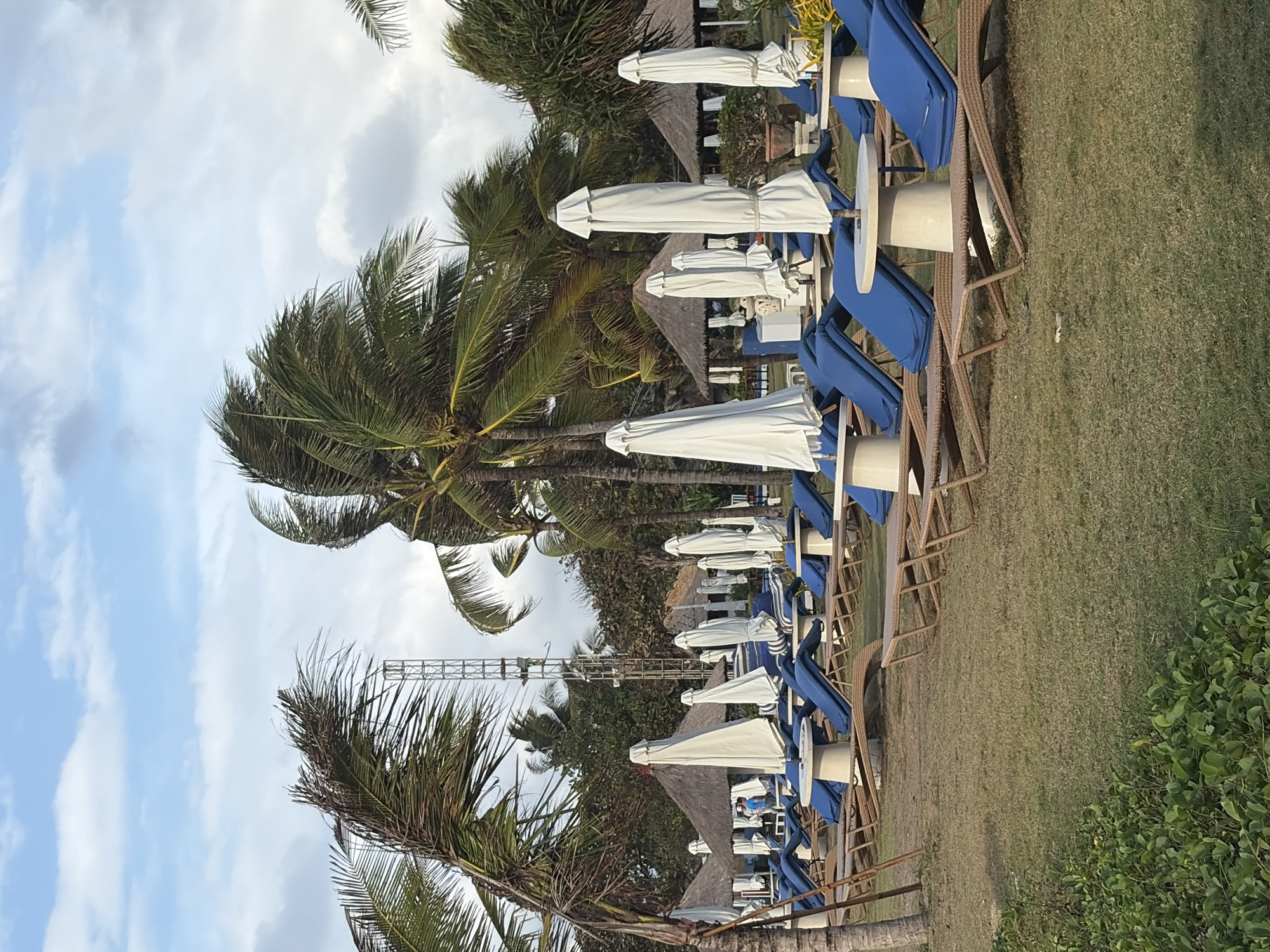 The image depicts an outdoor scene at a resort in Kuta Selatan, Indonesia, likely during the daytime under a partly cloudy sky. In the foreground, a neatly mowed grassy area is dotted with a collection of empty lounge chairs, many of which have blue cushions. These chairs are arranged in rows, facing a beach that is not fully visible. Several white, closed umbrellas are positioned between the chairs and on tables.
Behind the lounge chairs, a row of thatched-roof huts is visible, suggesting common areas or accommodations. Palm trees with fronds blowing in the wind are prominent throughout the scene, indicating a tropical climate. A tall metal tower structure, possibly for lighting or broadcasting, stands behind some of the trees. In the middle ground, two individuals are casually walking near the huts. The overall impression is one of a well-maintained beach resort, prepared for visitors but currently with few people present, characteristic of a quiet period or early morning.