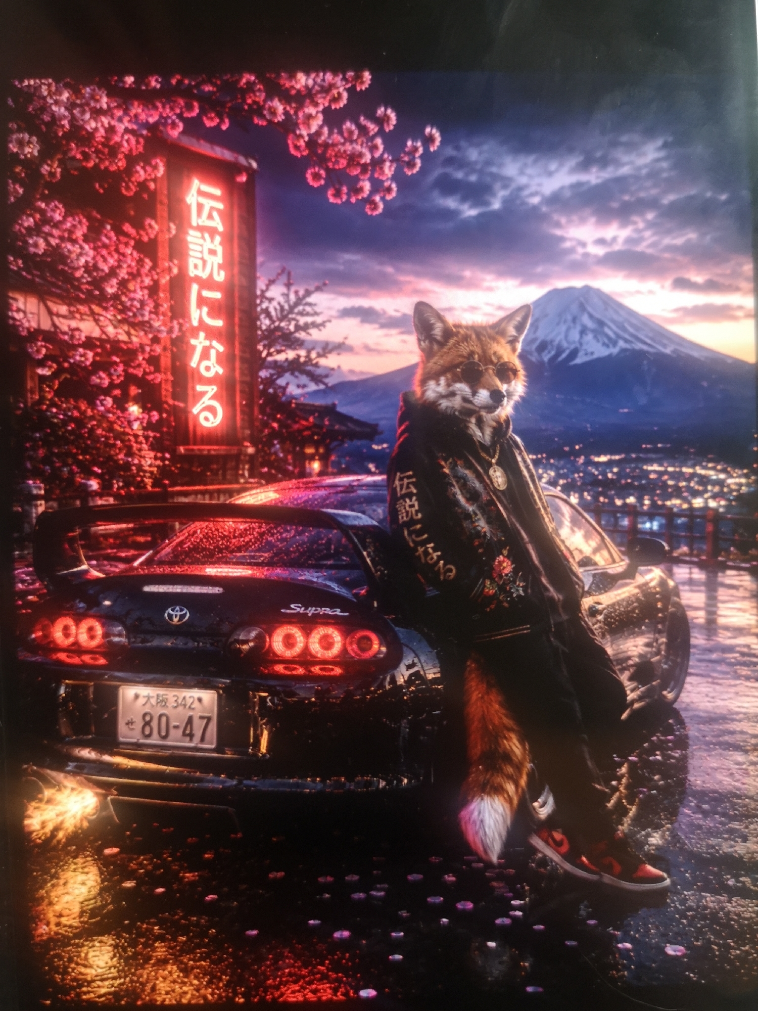 A surreal image shows a fox character with a human-like body leaning against a black Toyota Supra car. The fox wears a black hoodie with Japanese writing on the sleeves and a gold chain. The car's license plate reads "大阪 342" and "80-47". Behind them, a neon sign with Japanese writing is illuminated, and cherry blossom trees are in bloom. In the background, a mountain and a city with lights are visible under a twilight sky. The ground is wet, with reflections of the lights.