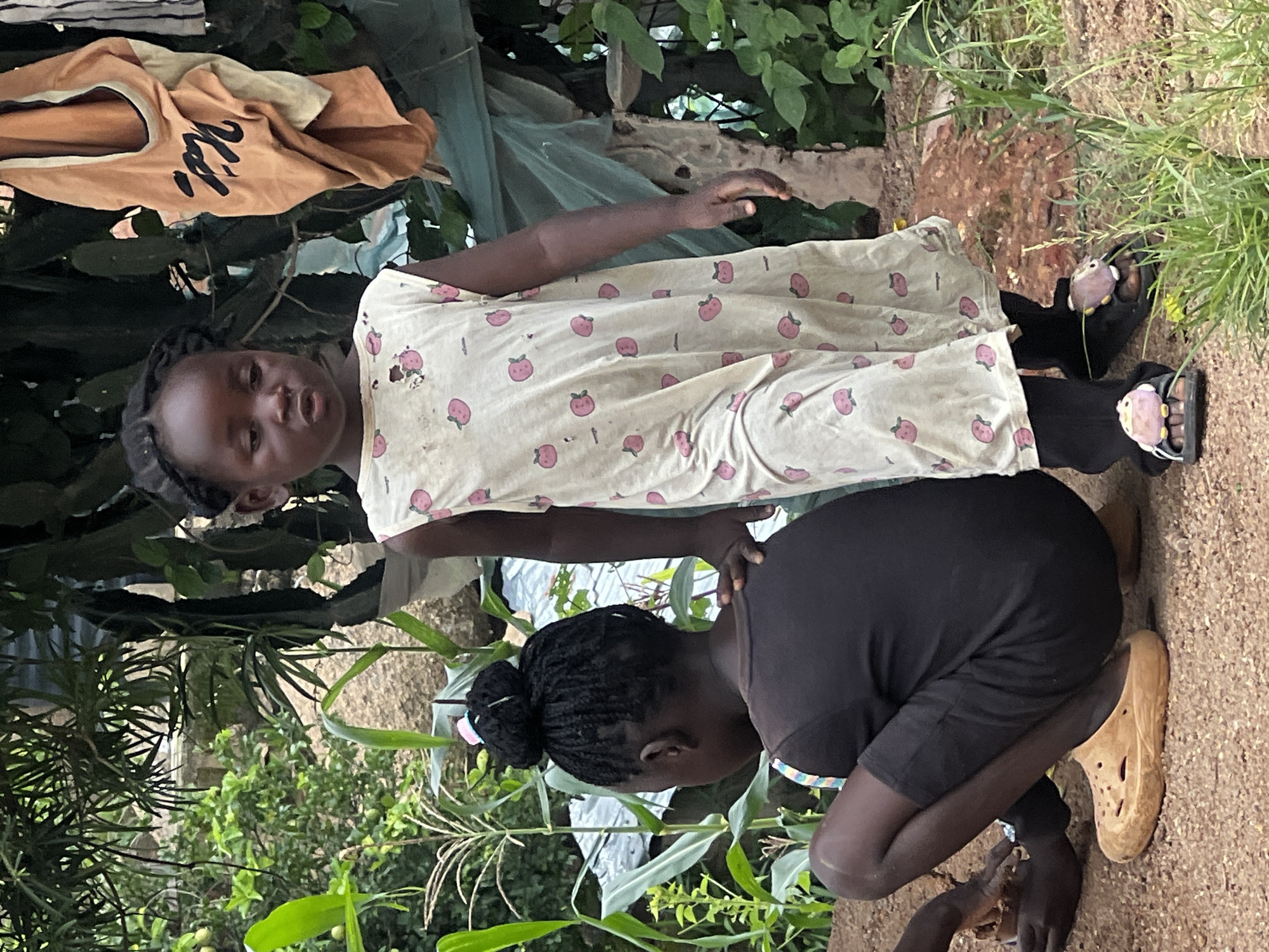 Two young girls are in an outdoor setting with lush green vegetation and a dirt ground. One girl is standing and looking at the camera. She has dark skin, dark braided hair in pigtails, and is wearing a light-colored dress with a strawberry pattern and pink fruit decorations. The other girl is crouching down, facing away from the camera, with her back to the viewer. She has dark skin, dark hair braided and pulled into a bun at the top of her head, and is wearing a black t-shirt.
In the background, there is a piece of clothing hanging on a clothesline or branch. It is a tan-colored shirt with black lettering on it. The overall scene suggests a casual, everyday moment. The lighting is soft, indicating it could be daytime, possibly in the morning or late afternoon, and the weather appears to be pleasant with the presence of green foliage. The ground appears to be dry dirt or sand.