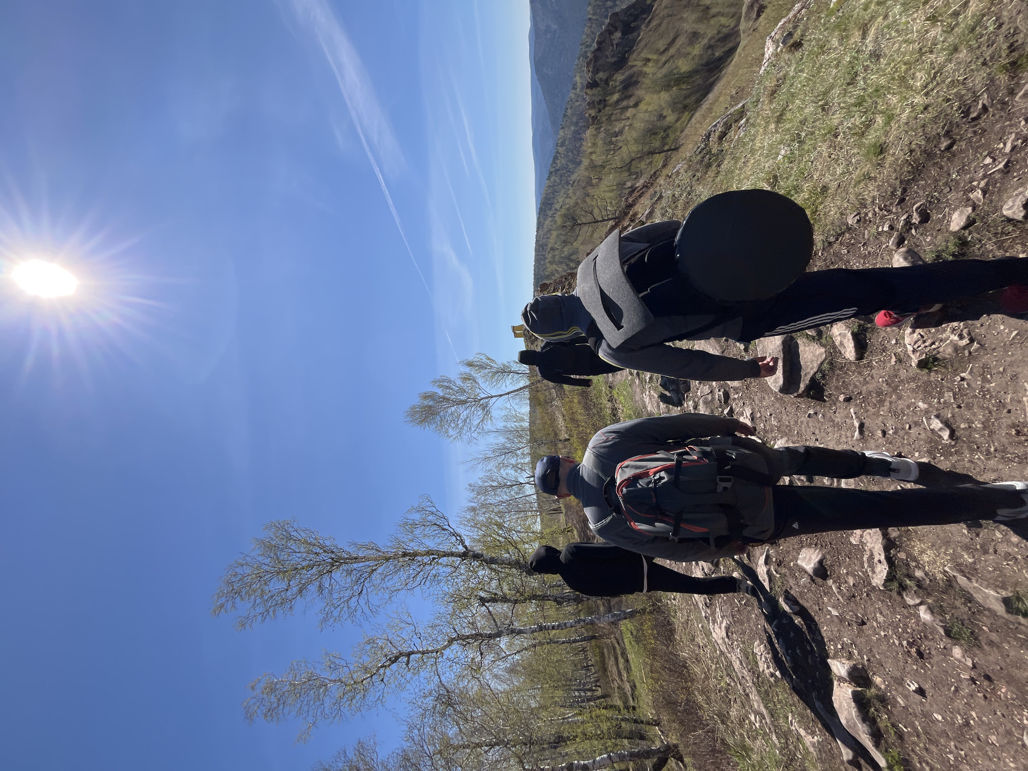 A group of four individuals is walking on a rocky, dirt trail under a bright, sunny sky with sparse, bare trees on either side. The location is near the city of Krasnoyarsk, Russia, given the landscape and trees. One person in the group wears a gray jacket, dark pants, and red shoes with a black round backpack. Another person wears a gray jacket, dark pants, and white shoes, carrying a dark gray backpack with red accents. A third person is clad in a black hoodie and dark pants. The fourth person is further ahead, appearing to wear dark clothing. The trail has some green vegetation on the sides. The sun is visible in the upper left of the frame. Mountains are visible in the background.