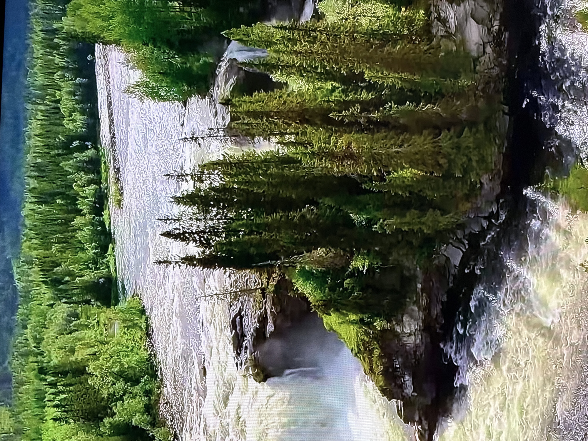 The image depicts a lush, green forest scene with a river flowing through it. In the foreground, a rocky island is covered with dense evergreen trees and vegetation. A waterfall cascades down the left side of the island into the turbulent river below. The river then continues to flow towards the background, where it widens and is bordered by more trees. A small, barren island or sandbar is visible in the middle of the river in the distance. The entire landscape is dominated by vibrant green foliage and the dynamic movement of water. The scene appears to be in a natural, undeveloped area. There is no indication of the city of Krasnokamsk, Russia, or any urban elements.