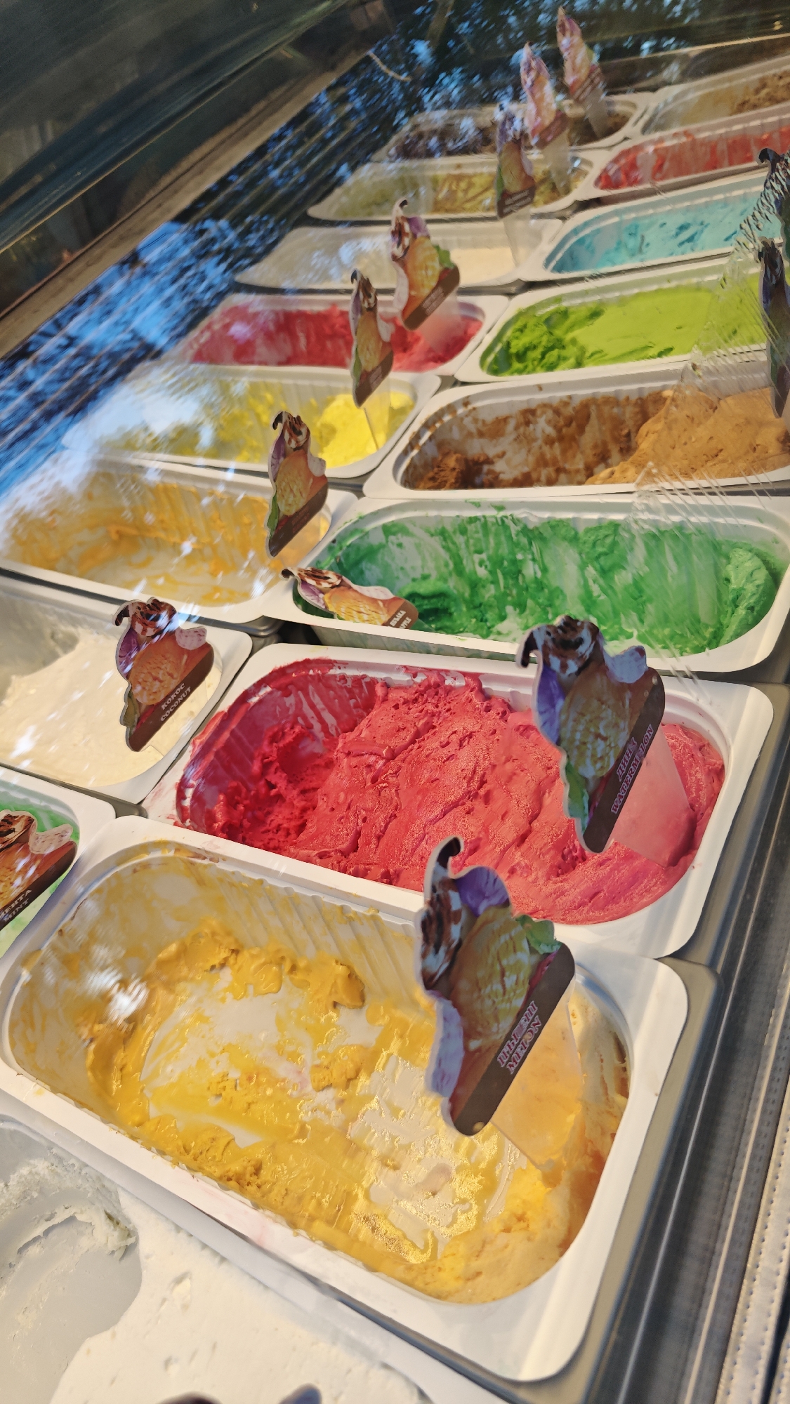 The image shows a display case filled with various flavors of ice cream in Burgas, Bulgaria. The ice cream is arranged in rectangular containers, with a variety of colors indicating different flavors. Some of the flavors are identifiable by small signs placed in the ice cream, but most labels are illegible. Some containers are nearly full, while others are partially empty, suggesting the ice cream is being sold. The display case is reflective, causing some distortion.