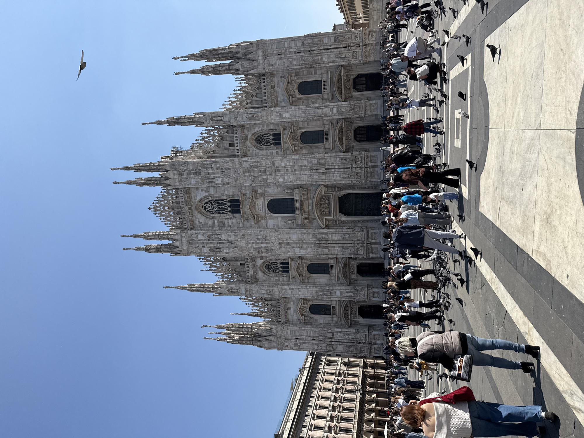 The image depicts the Milan Cathedral, a large Gothic-style cathedral located in Milan, Italy. The cathedral is a prominent feature in the photograph and is crowded with tourists and locals on the pavement. The plaza where the cathedral is located has a lot of pigeons on the square with people. A single bird is seen flying in the upper left corner of the image.