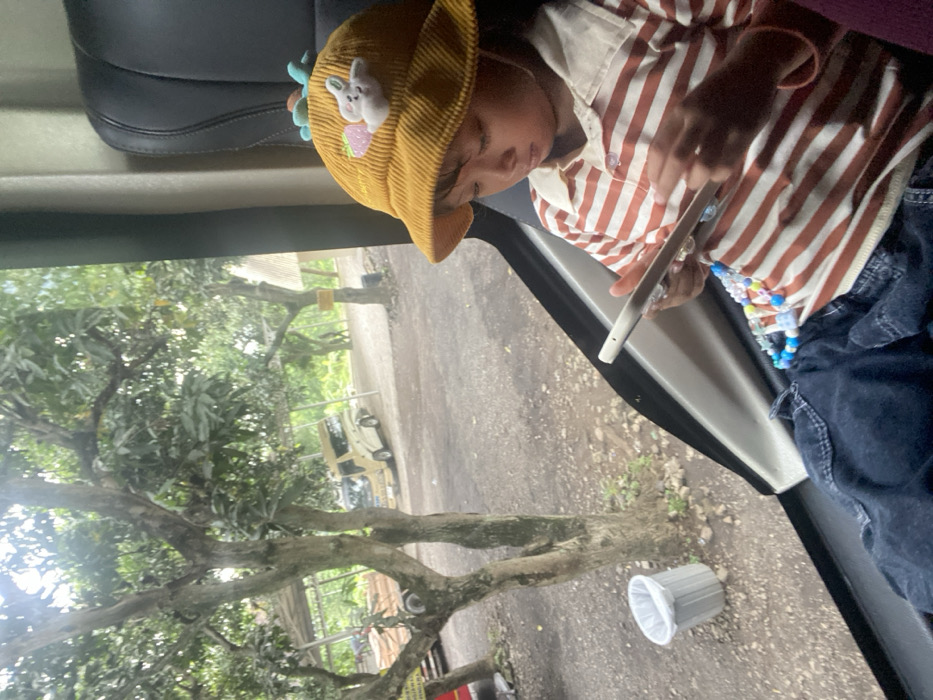 A child wearing a striped shirt and a mustard-colored hat with a bunny and strawberry design sits inside a vehicle, possibly looking at a tablet. The vehicle's window shows a tree and a glimpse of the outside landscape, including what appears to be another vehicle and a trash can. The child has beaded bracelets. The interior of the car features a black leather seat.