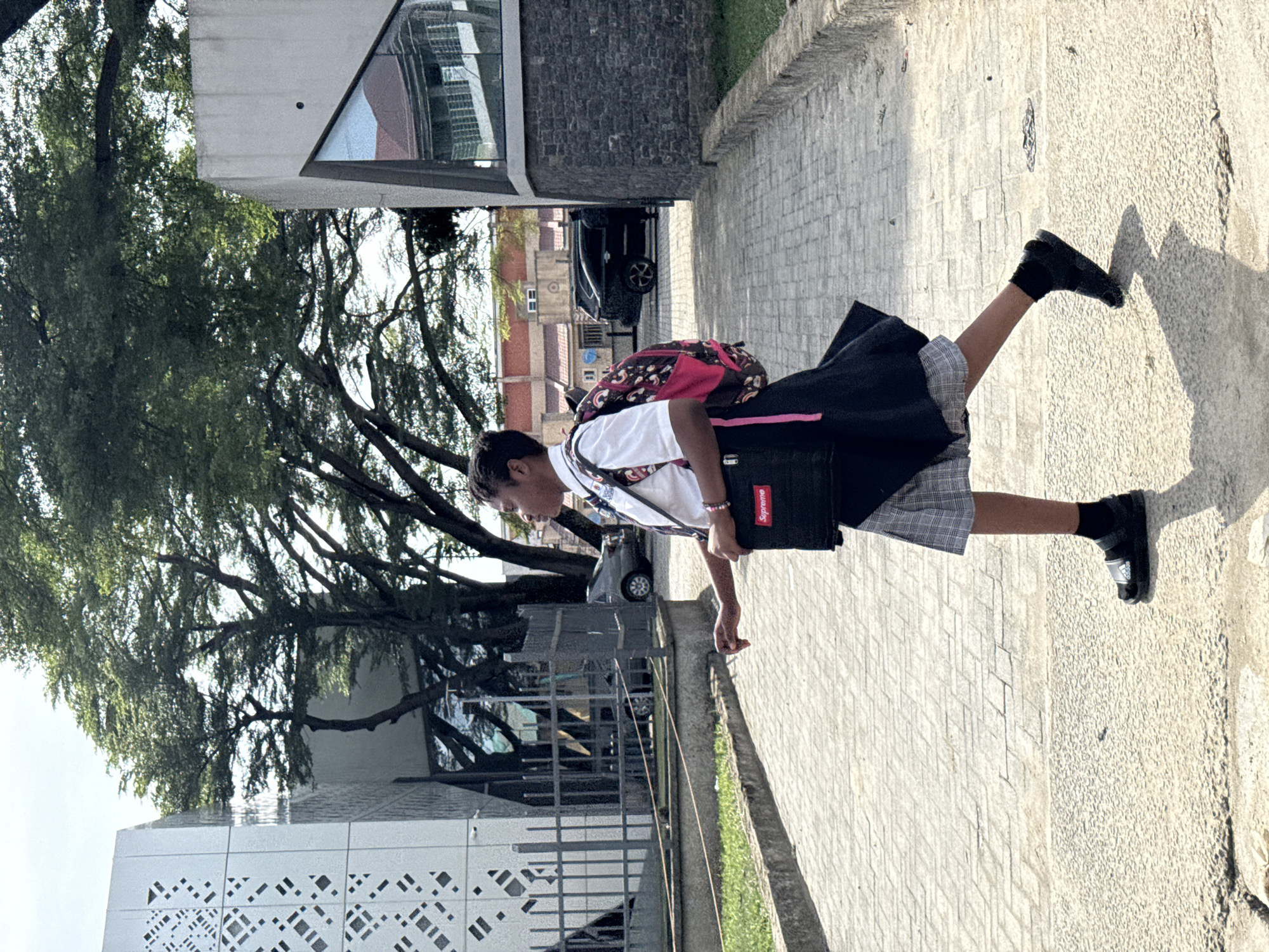 A person is walking on a paved walkway in Ado, Nigeria. They are wearing a white shirt, plaid shorts, black shoes and socks, and a backpack. They also have a black bag with the word "Supreme" printed on it. The walkway is made of light gray rectangular pavers. There are trees, a building with a modern white facade, and a dark-colored car visible in the background. A metal fence separates the walkway from a grassy area. The scene appears to be outdoors during daylight hours.