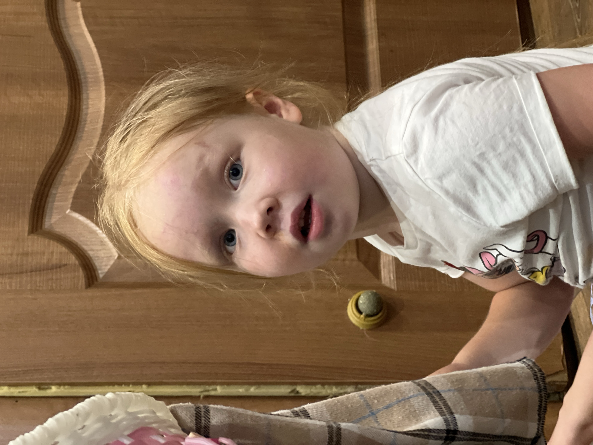 A young child with fair hair and blue eyes is looking towards the camera, with their mouth slightly open. The child is wearing a white t-shirt with a graphic design. To the left of the child, a textured object, possibly a blanket or fabric, is visible. The background consists of a wooden door with a carved decorative element and a yellow door knob. The scene appears to be indoors, likely in a home environment. There is no indication of the location being specifically in the city of Horishni Plavni, Ukraine.