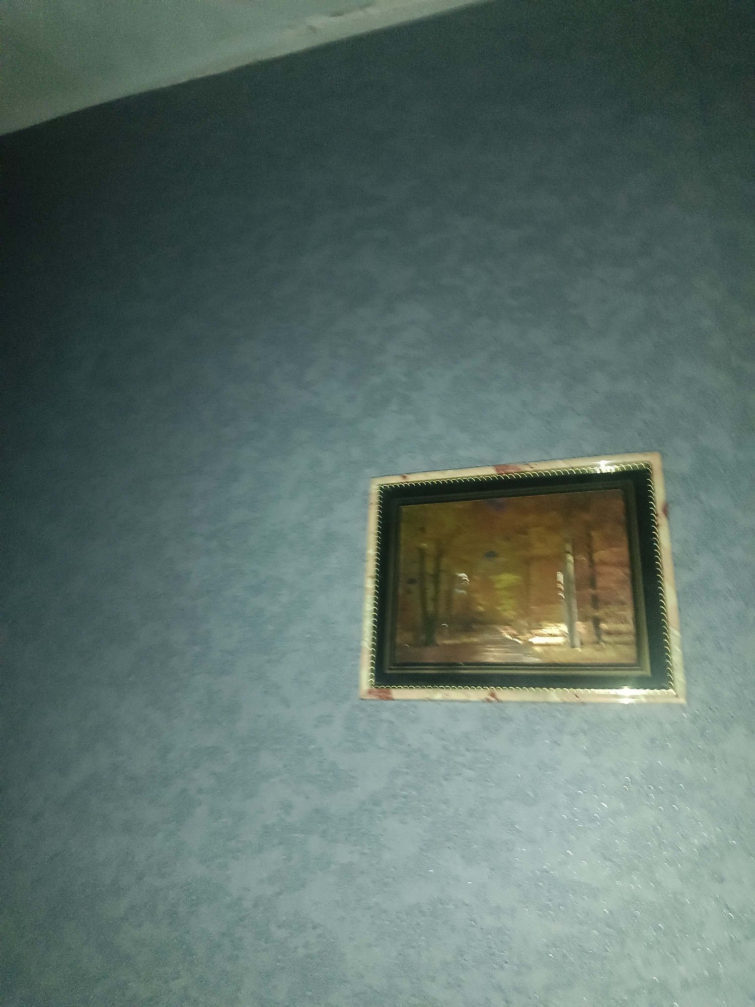 A framed picture of a forest scene hangs on a blue textured wall. The picture has a dark border and a decorative outer frame. The lighting in the room is dim, and there are some reflections on the picture frame. The image does not provide any information about the city of Liman, Russia.