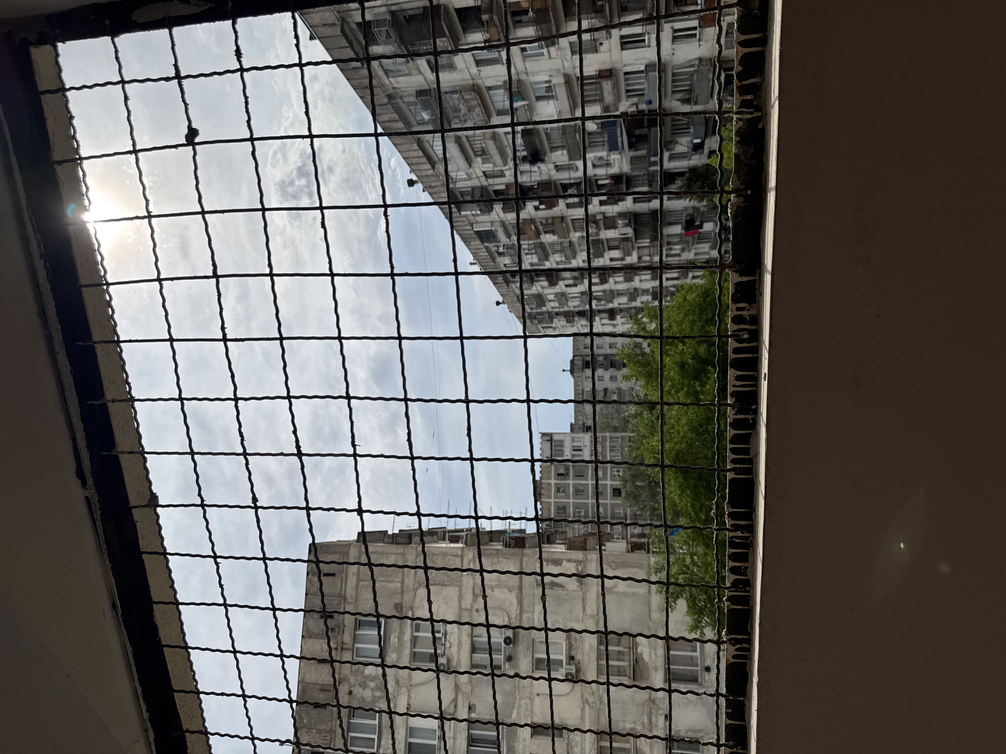 A close-up, eye-level shot frames a view of apartment buildings through a metal grate, in an unknown urban location. The grate is made of thick, twisted metal bars, forming a grid pattern across the entire frame. The bars are dark and appear rusted in places, with some white residue clinging to the horizontal bars at the bottom of the grate.
Beyond the grate, two tall, weathered apartment buildings dominate the scene. The building on the left is closer and shows signs of age and neglect, with visible balconies and windows. The building on the right is further away and taller, with a repetitive facade of balconies and windows, suggesting a large residential block. Both buildings have a muted, concrete-grey color.
In the middle ground, a dense line of green trees partially obscures the lower floors of the buildings. The sky above is a mix of light grey clouds and patches of bright blue. The sun is visible through the clouds, creating a lens flare effect in the upper right portion of the frame. The overall impression is of a densely populated urban environment, possibly in Eastern Europe, viewed from a balcony or window with a security grate. The light suggests it is daytime, possibly late morning or early afternoon, given the angle of the sun. There are no people or animals visible in the scene.