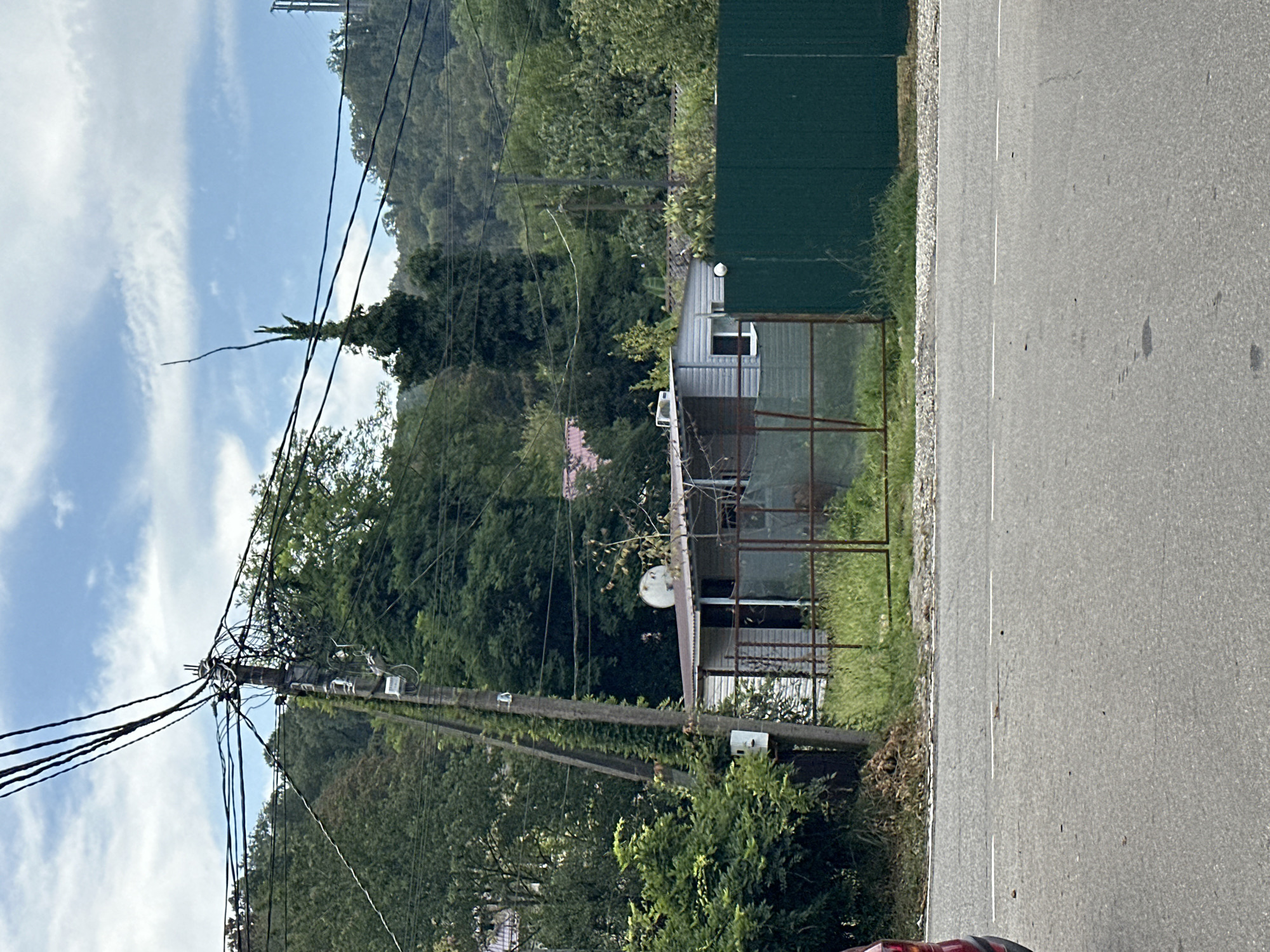 The image depicts a residential scene in Sochi, Russia, characterized by dense greenery and a modest dwelling. A prominent utility pole with a complex network of wires stands to the left, draped with ivy. Behind it, a small, light-colored house with a dark-rimmed window and a satellite dish on its corrugated metal roof is visible, partially obscured by trees and a rusty metal fence. A tall, dark green metal fence runs along the right side of the property. The foreground features a paved road with white lane markings. The background is dominated by lush, rolling hills covered in trees, under a partly cloudy sky.