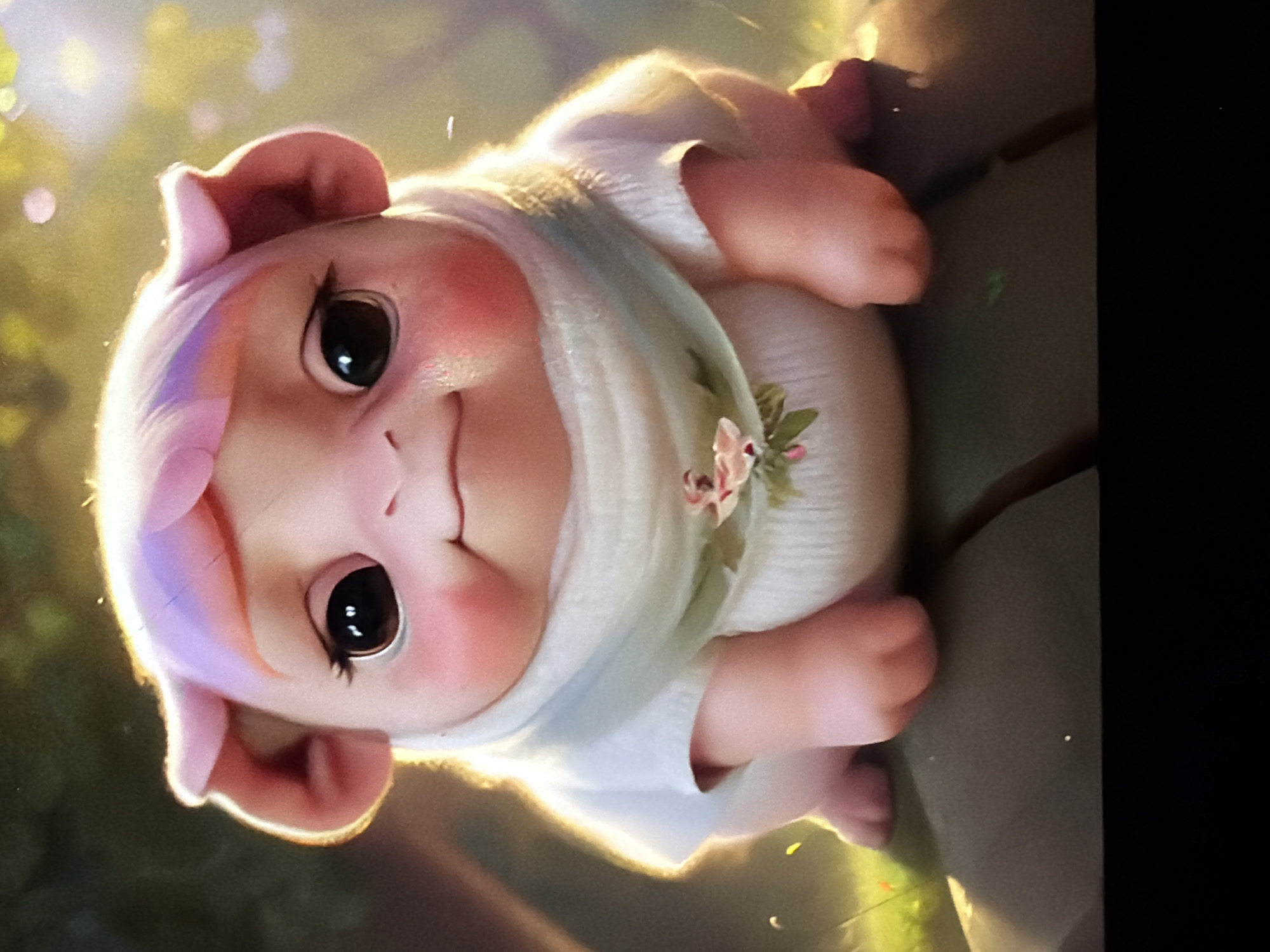 This image presents a digitally rendered, bipedal subject with features reminiscent of a mammalian infant, depicted in a frontal, chest-up portrait. The subject exhibits light pink skin or fur, large dark eyes with visible reflections and eyelashes, a small, slightly upturned nose, and a closed-mouth smile that creates folds on its cheeks. Distinct red blush marks are present on both cheeks. Small, rounded, floppy pink ears are positioned on the sides of the head. A short, layered fringe of hair or fur, displaying a gradient from pink to purple, covers the forehead. The subject has a compact, rounded physique with visible short, fleshy limbs.
The subject is attired in a light-colored, likely white or cream, finely knit garment. A pale greenish-blue scarf or collar is loosely draped around its neck. An embroidered or appliqued floral design, featuring pink and white blossoms with green leaves, is visible on the garment's front.
The subject is seated on a dark, multi-segmented surface that suggests either wooden planks or large, flat stones. The background is significantly blurred, indicating a shallow depth of field. It comprises soft green and yellow hues, consistent with illuminated foliage, suggesting an outdoor, natural environment such as a garden or a park. The lighting is soft and warm, with prominent backlighting creating a halo effect around the subject's head and shoulders. The scene is set in an idealized natural environment within the city of Unknown, Unknown.