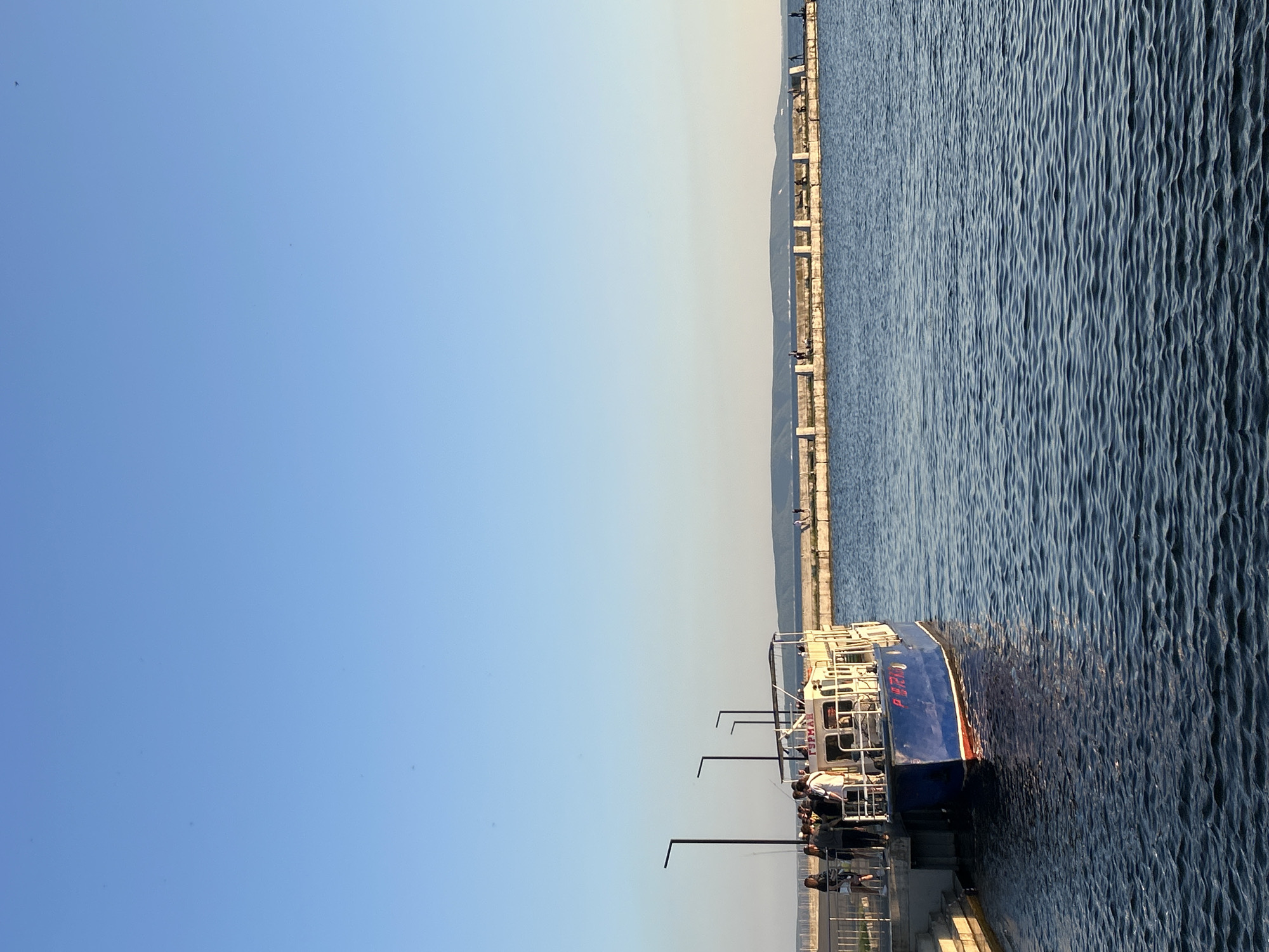 The image depicts a sunny day at the Tolyatti embankment, located in Tolyatti, Russia. The scene features a blue and white passenger boat docked at a pier, with several people boarding or disembarking. The boat has the name "ГЕРМАН" in red Cyrillic letters on its side. Beyond the boat, the embankment extends into the distance, lined with a wall and a pathway where more individuals can be seen walking and fishing. The calm, blue water of the reservoir stretches out to the horizon, where a distant, hilly shoreline is visible under a clear, pale blue sky. The overall atmosphere is peaceful and recreational, suggesting a pleasant day for outdoor activities.