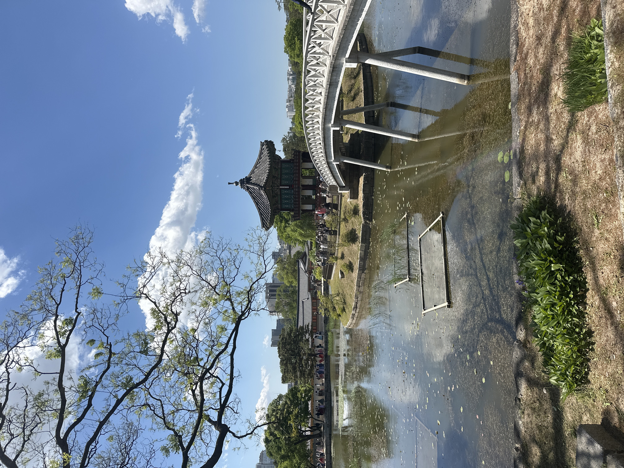 The image captures a scenic view in Seoul, South Korea. The scene includes a traditional Korean pavilion, a curved white bridge spanning a pond, and a tree with bare branches in the foreground. The pond's surface reflects the sky and surrounding architecture, with some submerged rectangular structures visible in the water. People can be seen near the pavilion and along the shoreline. The sky is blue with scattered clouds. Buildings are visible in the background, indicating an urban setting.