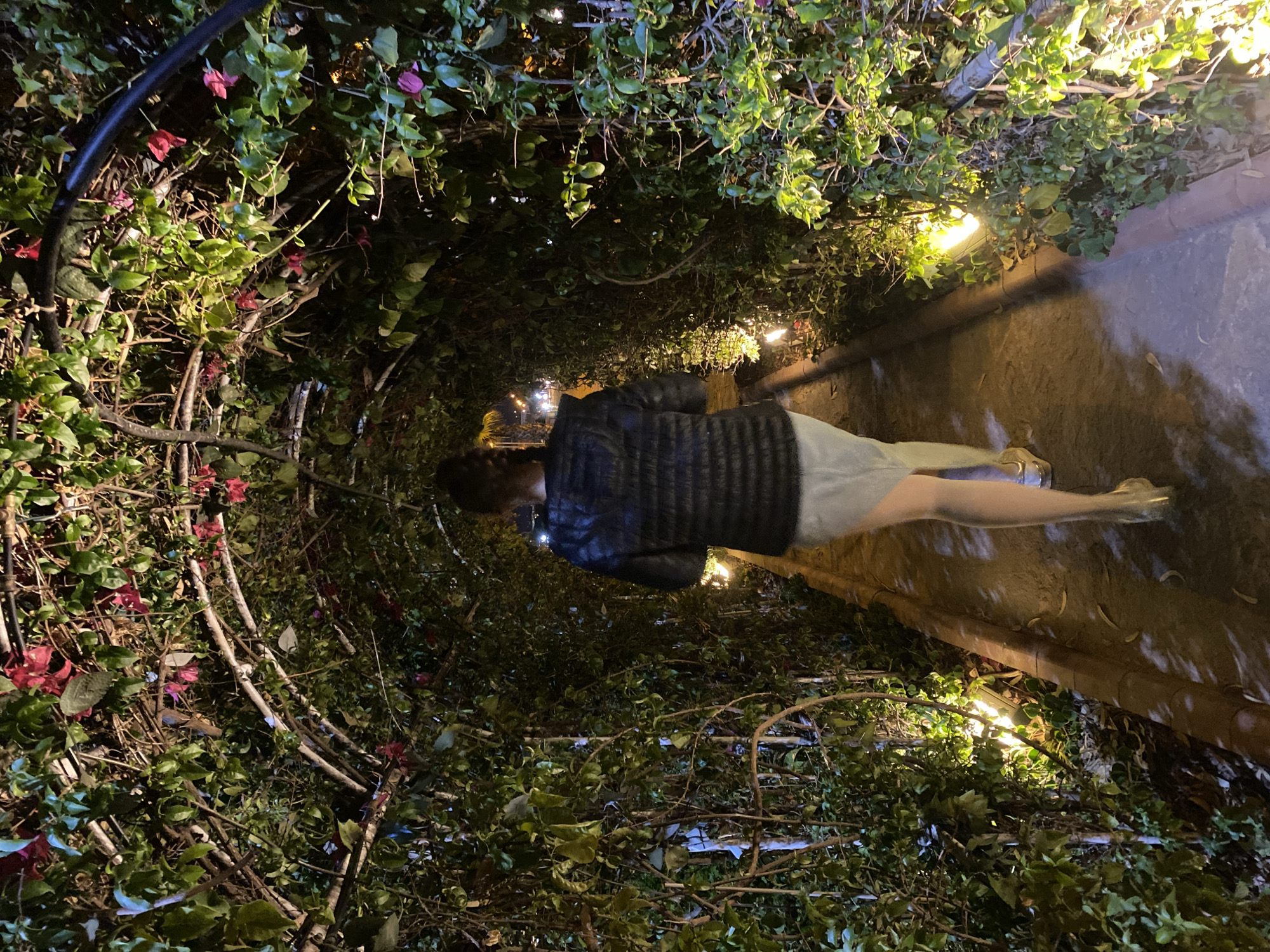 A woman is standing on a walkway underneath an arch covered in foliage in what could be Alanya, Turkey. The tunnel is decorated with string lights. The woman is wearing a dark jacket and light-colored pants and shoes. The walkway surface is wet and reflects light. The scene is dimly lit, appearing to be nighttime. The plants adorning the arch include green leaves and small, red flowers.