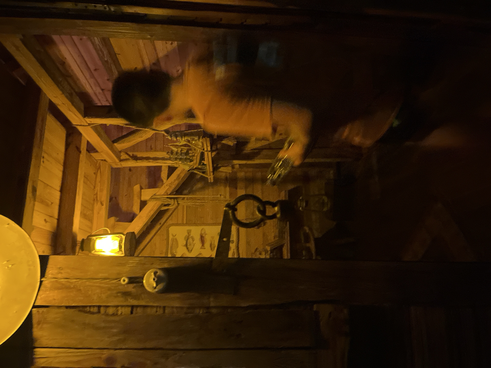 The image depicts an indoor scene, likely a rustic or themed environment, with wooden walls and ceiling beams. A person, viewed from the back and slightly blurred due to motion, is wearing an orange shirt and appears to be holding a clear glass object in their right hand. The environment is dimly lit, with a bright yellow lantern hanging from the ceiling providing illumination. Other objects visible include a pulley system with a large metal ring, a poster depicting fish on the wall, and what appears to be a model ship on a shelf. The overall impression is of a dimly lit, perhaps historical or decorative, interior space with a person interacting with an object. This scene is located in Shekvetili, Georgia.