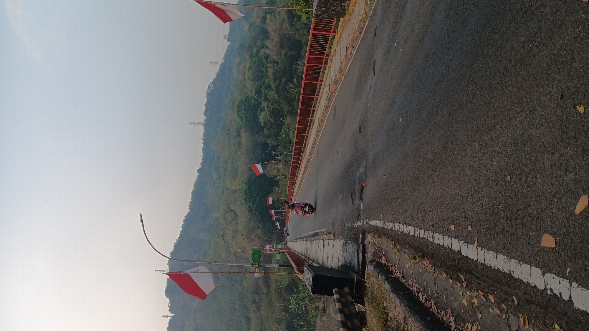 The image captures a perspective of a bridge in Purwakarta, Indonesia, adorned with Indonesian flags. The bridge, with a red railing, stretches across the frame, with an asphalt road leading over it. A lone motorcyclist, wearing a headscarf and pink clothing, is seen riding on the right side of the road. The surrounding environment features lush green hills and trees, with electrical towers visible in the distance, indicating a semi-urban or semi-rural setting. The sky is overcast with a hazy light. The bridge appears to be a functional thoroughfare with signs of wear on the road surface, including potholes. The flags are mounted on poles along the bridge, suggesting a national celebration or commemoration. The composition emphasizes the bridge as a connecting element between the natural landscape and human infrastructure.