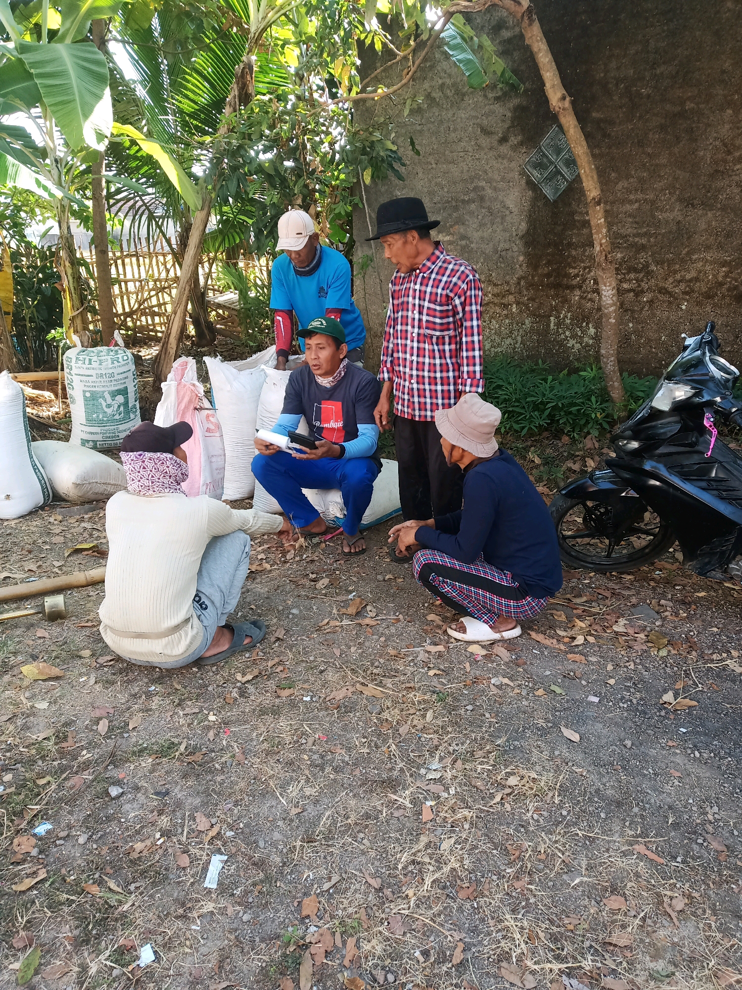 The image depicts a group of four men gathered outdoors in what appears to be a rural or semi-rural setting in Garut, Indonesia. The ground is covered with dry leaves and dirt, with several large white sacks, some appearing to contain agricultural products, visible in the background. A black motorcycle is parked to the right of the frame.
The men are dressed casually, with three of them seated on the ground and one standing. One man in a blue shirt and white cap is looking down, seemingly engaged in conversation. Another man, wearing a red and white plaid shirt and a black fedora, stands and looks to his left. A third man, in a dark blue long-sleeved shirt and patterned pants, is crouched and holding what appears to be a small object, possibly a phone or a small package. The fourth man, also crouched, wears a light-colored sweater, gray pants, and a headscarf. The interaction between the men suggests a conversation or discussion is taking place, possibly related to the sacks of goods. The environment is characterized by natural light, suggesting it is daytime, and lush vegetation, including banana trees, is visible in the background.