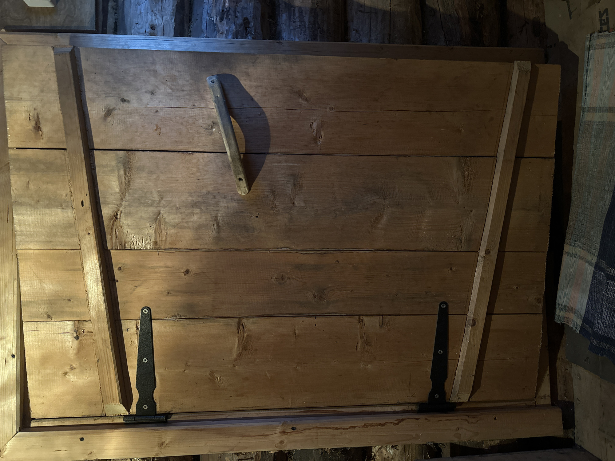 A close-up shot shows a wooden hatch or door, possibly leading to a cellar or storage area. The door is constructed of horizontally arranged planks held together by vertical planks, visible on the left and right sides. A simple, curved wooden handle is attached near the center of the door. Two black hinges are affixed to the bottom of the door. The surrounding environment appears to be rustic, with rough-hewn logs or timbers visible in the background. A portion of a textile item is seen on the right side. There is no verifiable information about the image’s location in the city of Votkinsk, Russia.