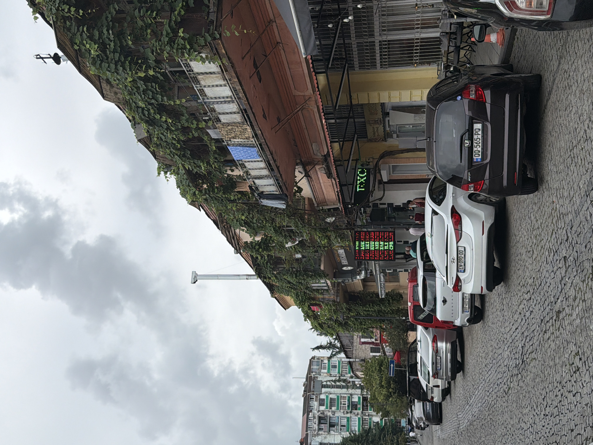 The image shows a street scene in Batumi, Georgia, on an overcast day. The foreground features a cobblestone street lined with parked cars. The cars include a dark brown Honda Fit, a white Hyundai Elantra, a white Ford Fusion, a silver sedan, and several other vehicles further down the street.
The right side of the street is dominated by a multi-story building with a distinctive architectural style. The building is covered in lush green vines that drape over its balconies and upper floors. Laundry is hanging from the balconies. There is a storefront with a large illuminated sign displaying exchange rates, and another sign that reads "TXC". An awning extends over the storefront. Outdoor seating with tables and chairs is visible outside the building.
On the left side of the street, further in the background, is a more modern, multi-story apartment building with a white facade and green window frames. Trees are scattered along the street. The sky is filled with heavy grey clouds, indicating a cloudy or potentially rainy day. Several people are visible walking on the sidewalk and near the storefronts.